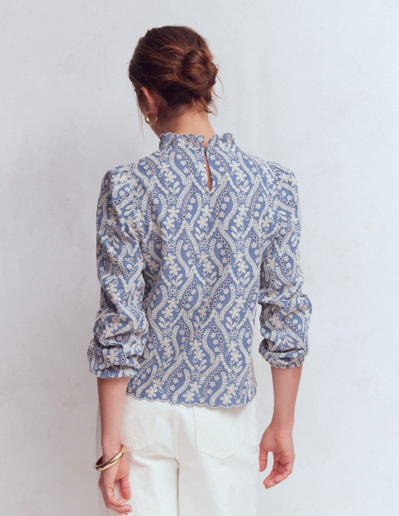 Puff Sleeve Interest Top-Blue and Ivory Broderie 4