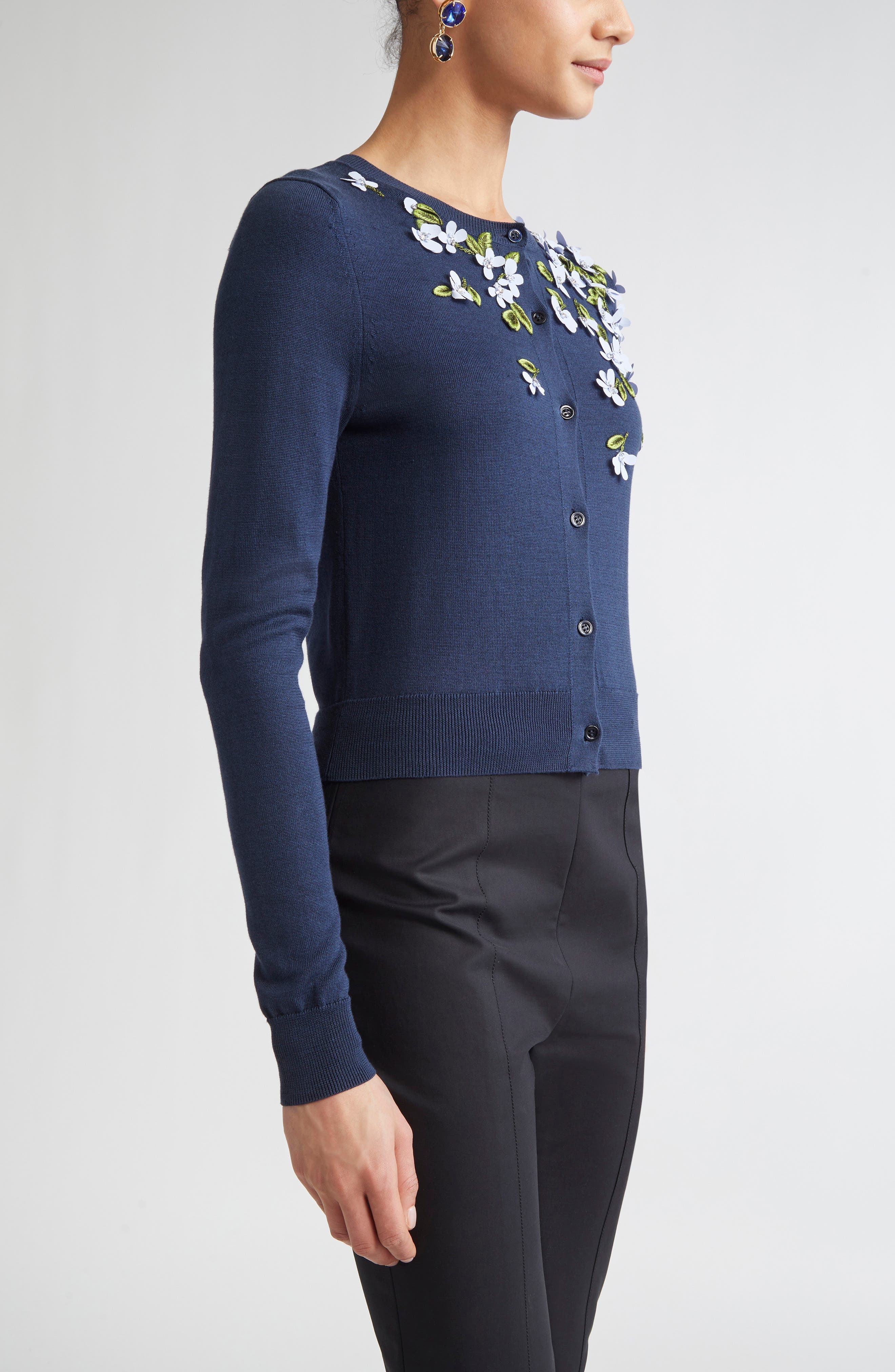 Carolina Herrera Floral Appliqué Silk & Cotton Cardigan in Midnight at Nordstrom - 4