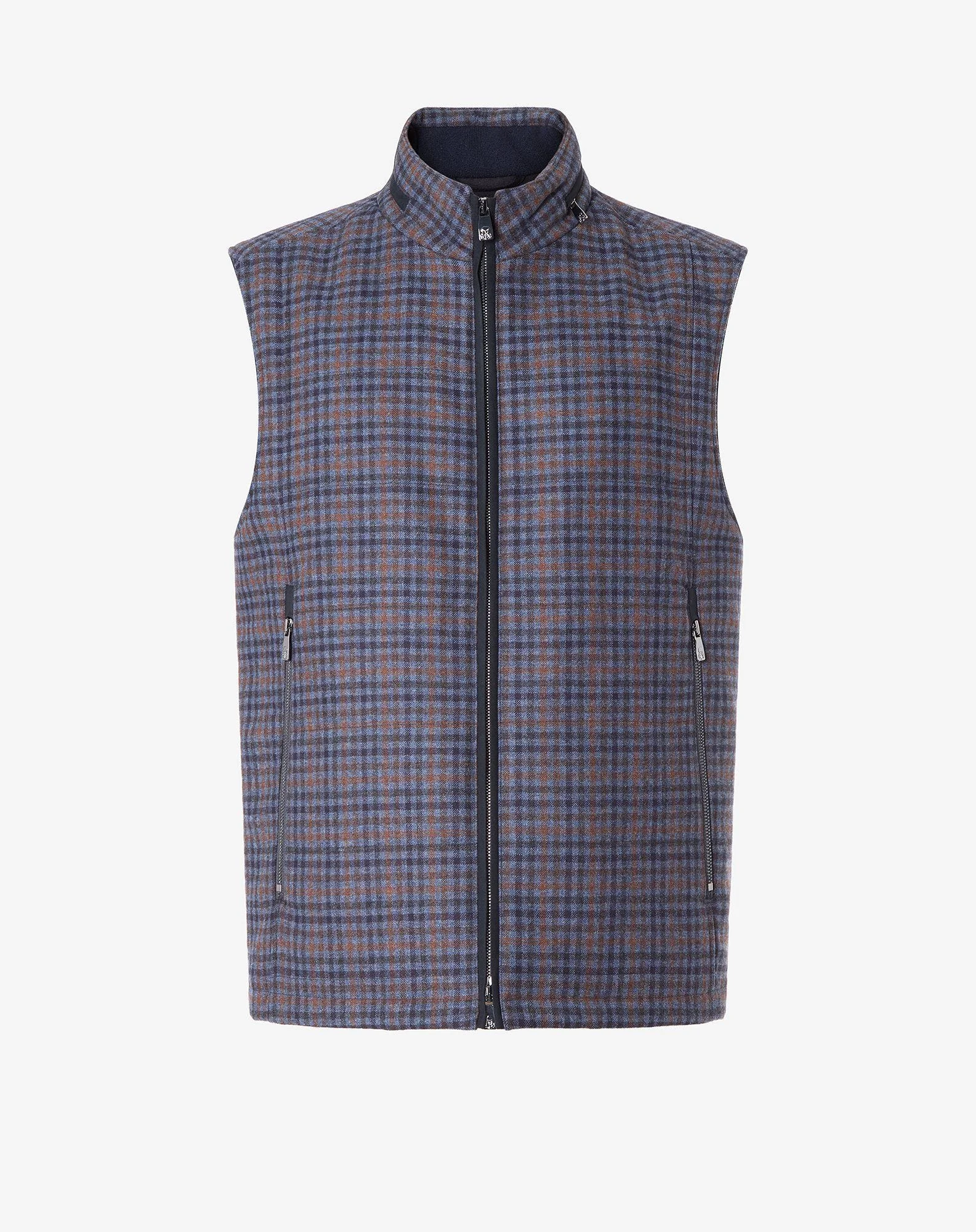 Navy blue pure wool gilet with overcheck pattern - 1