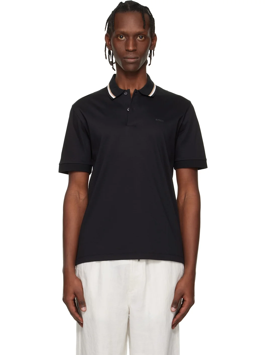 Black Cotton Logo Striped-Collar Slim-Fit Polo - 1