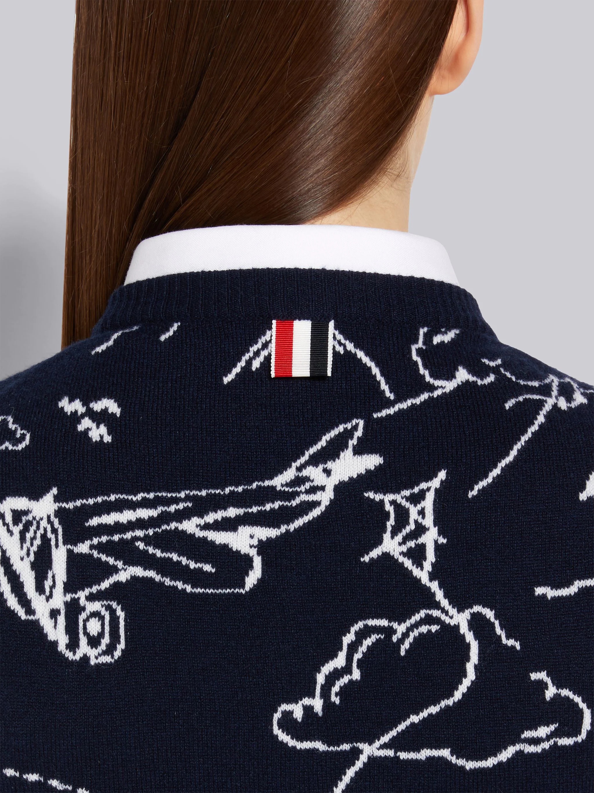 Navy Sky Toile Intarsia Cashmere Silk Lined Shell Top - 6