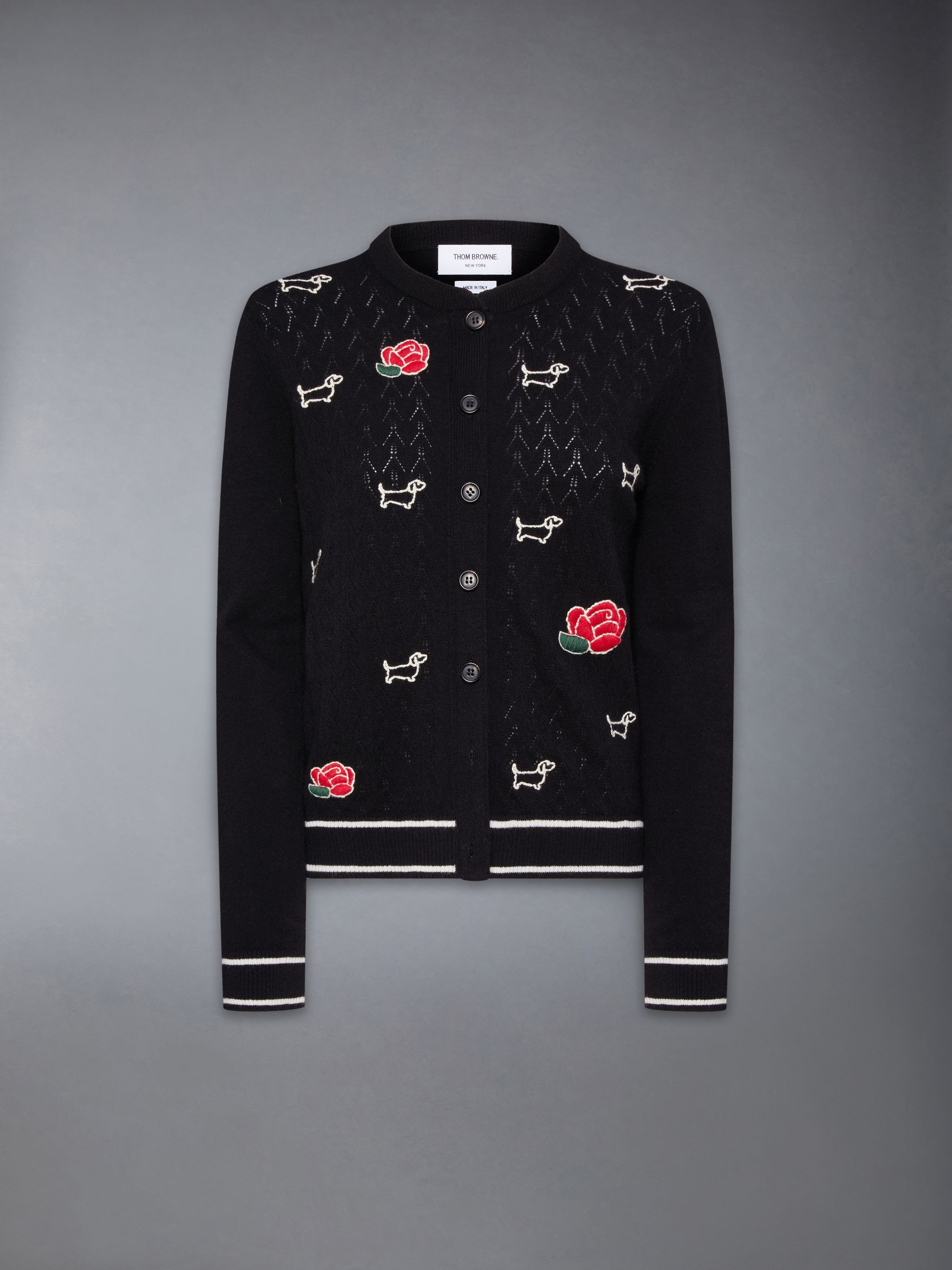 Merino Wool Pointelle Jersey Hector & Rose Crew Neck Cardigan - 7