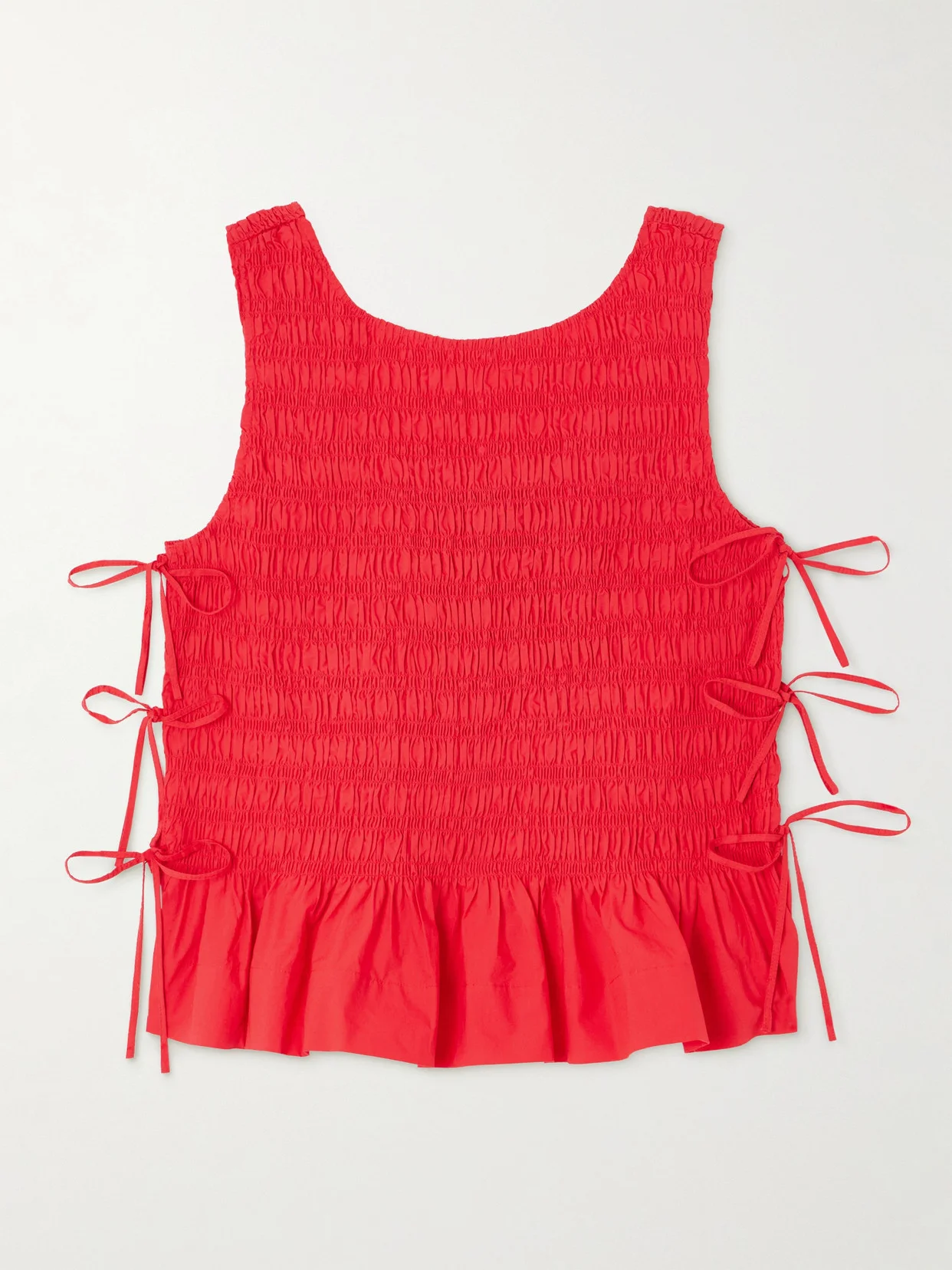 Tie-detailed Ruffled Shirred Organic Cotton-poplin Tank - 1