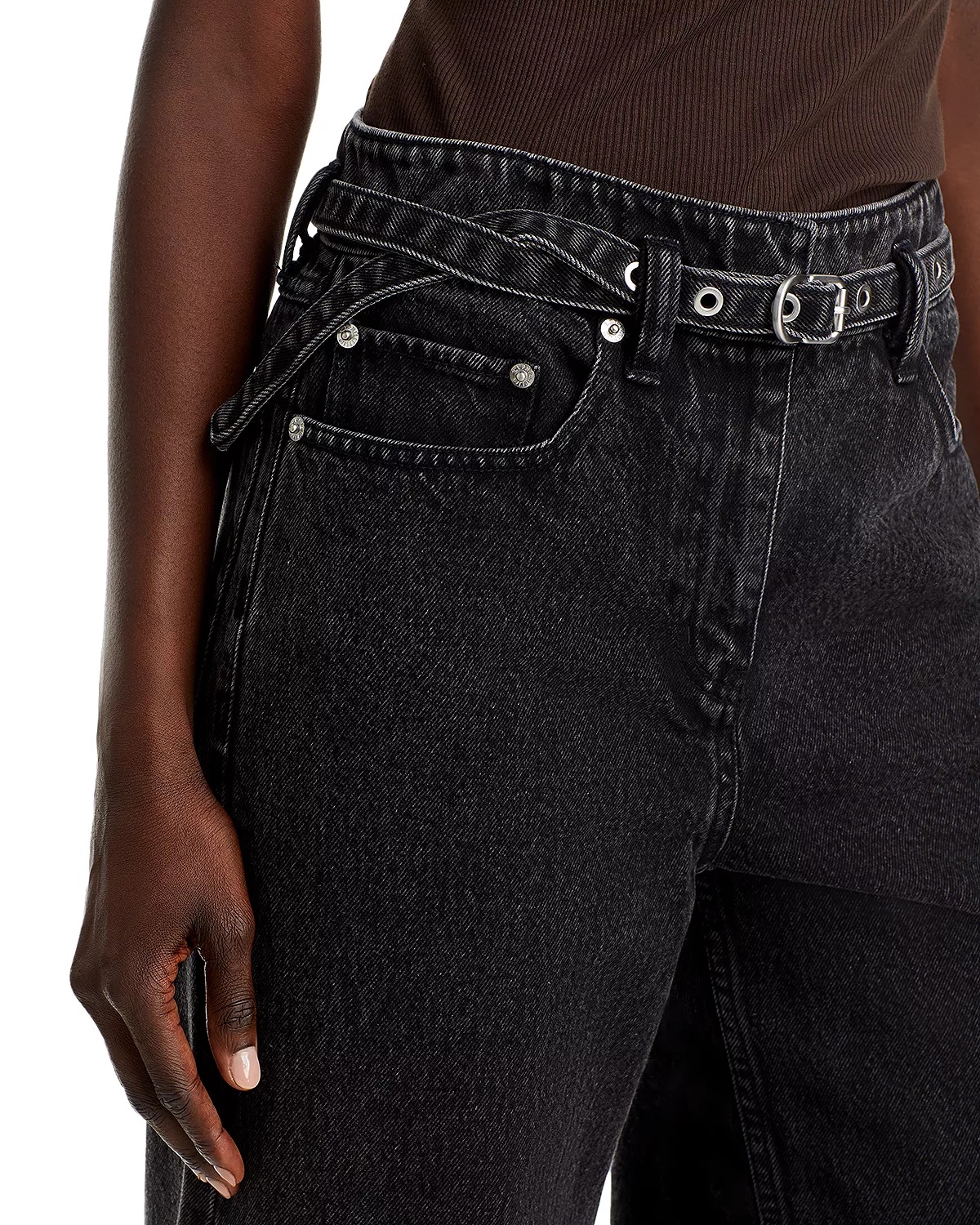 Belted Wide Leg Jeans In Washed Black - 6
