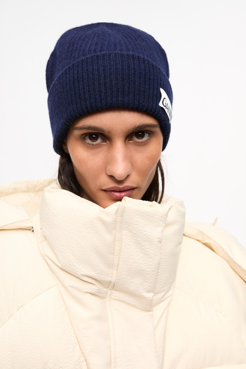 GANNI DARK BLUE RIB KNIT BEANIE outlook