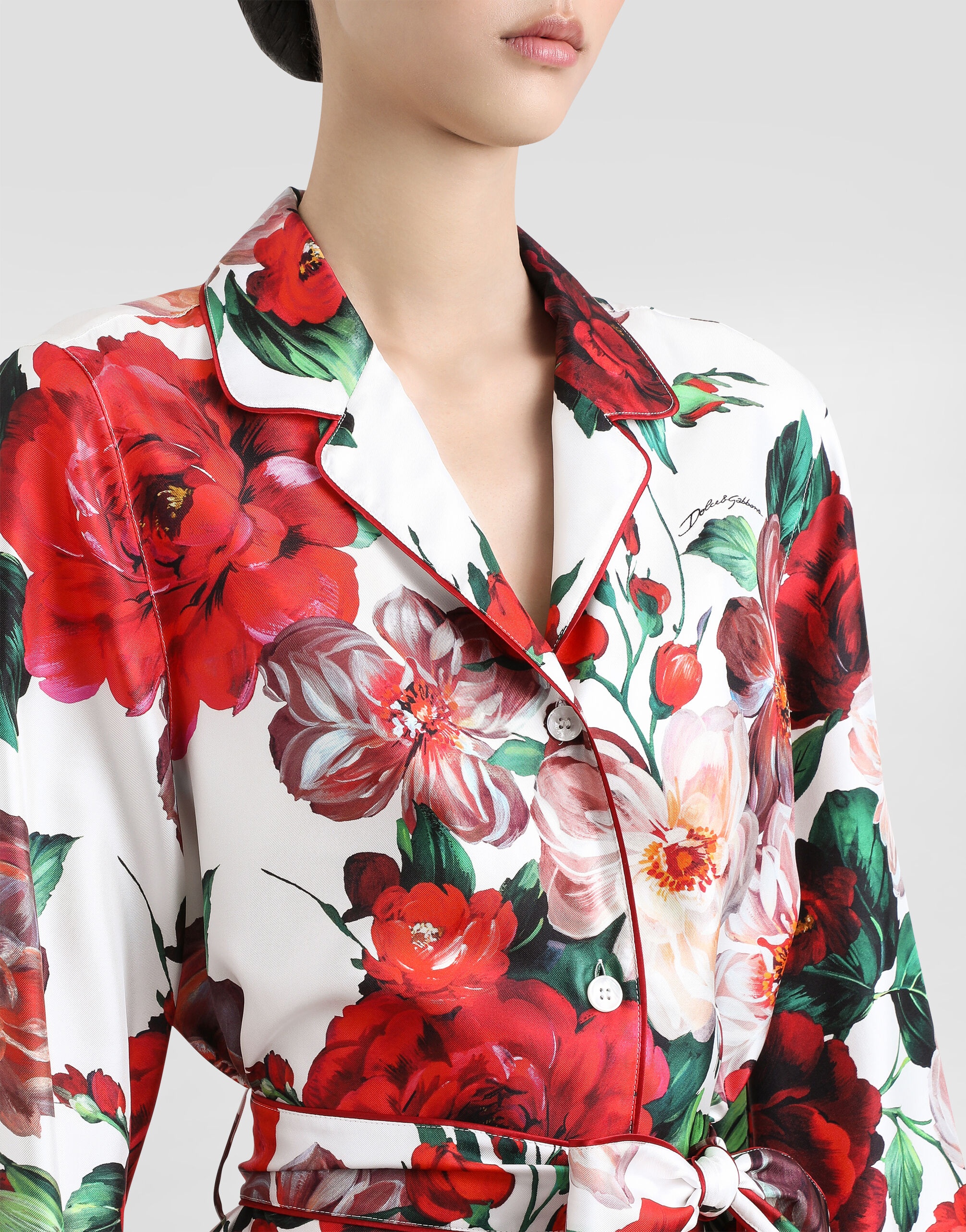 Long-sleeved twill pajama shirt with rose print - 4
