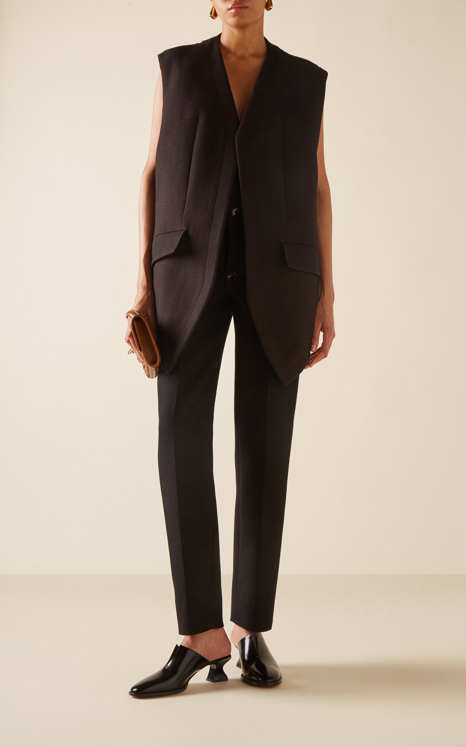 Cotton-Blend Melange Straight-Leg Pants black - 2