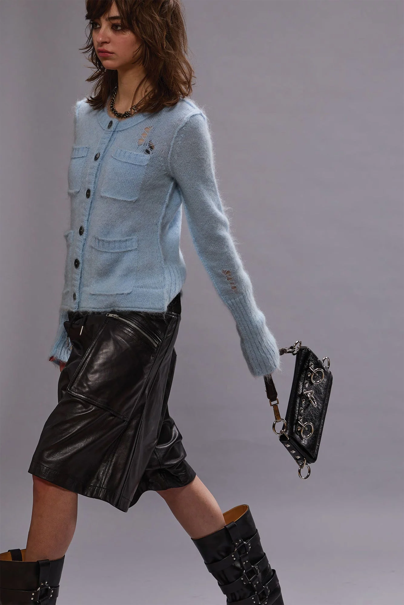 ELONGATED SHRUNKEN CREWNECK CARDIGAN - LIGHT BLUE - 1