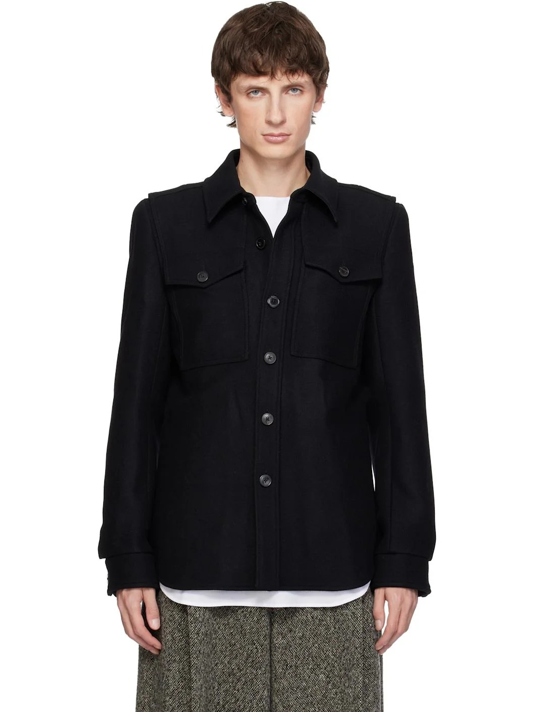 Black Constructed Wool Overshirt - 1