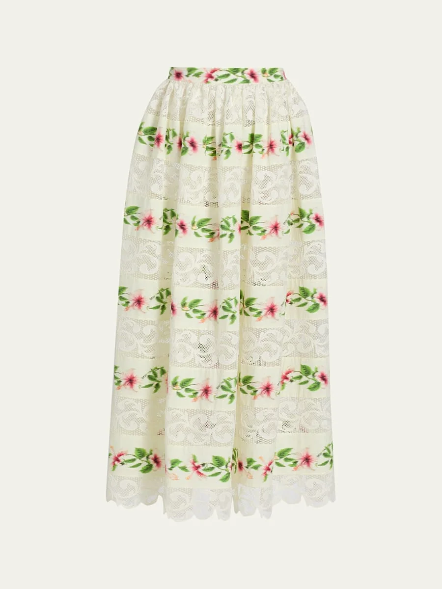 Chine Hibiscus Striped Lace-Inset Midi Skirt - 1
