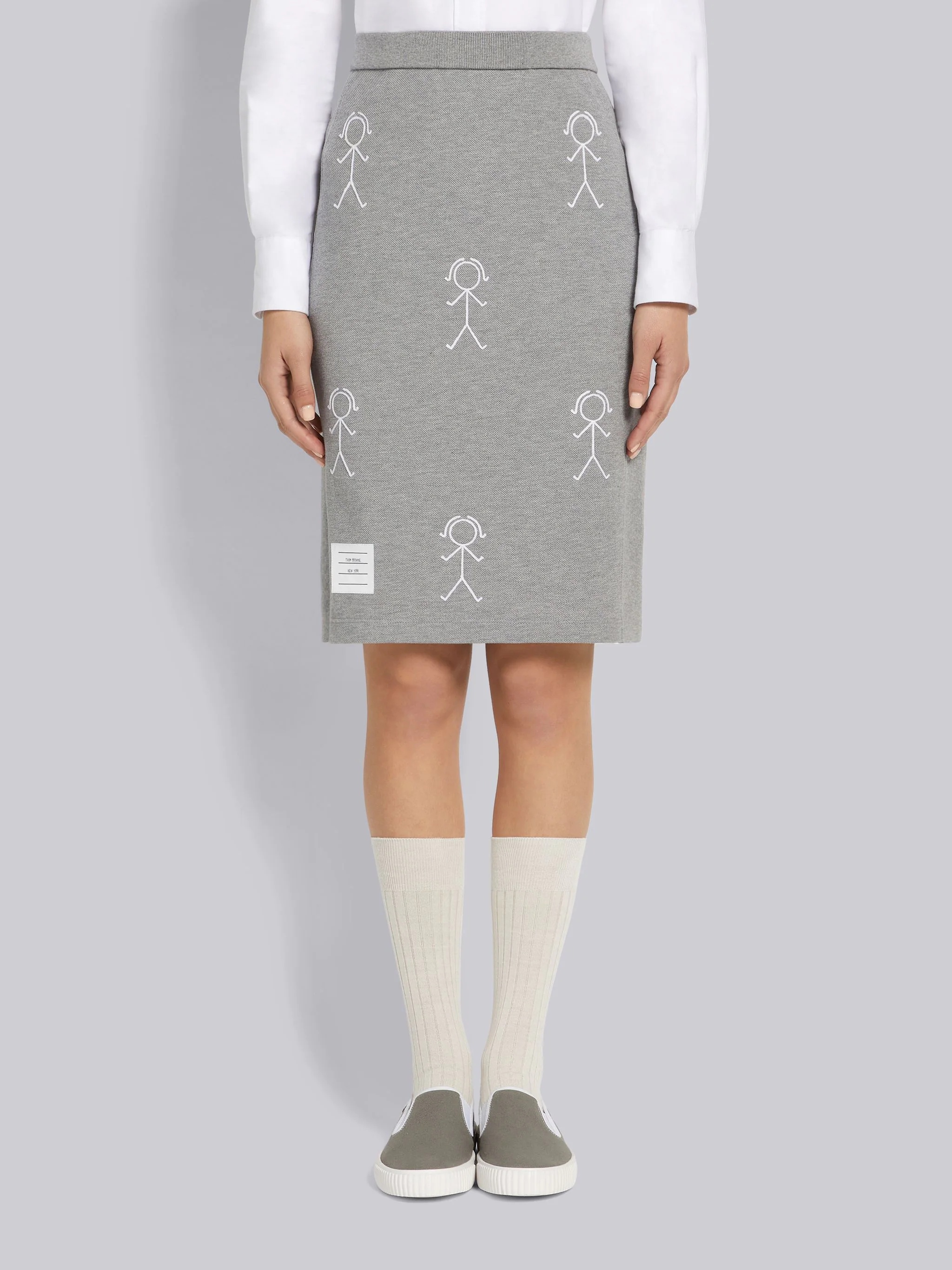 Light Grey Classic Pique Chain Stitch 4-Bar & Mrs. Thom Embroidery Knee Length Skirt - 1