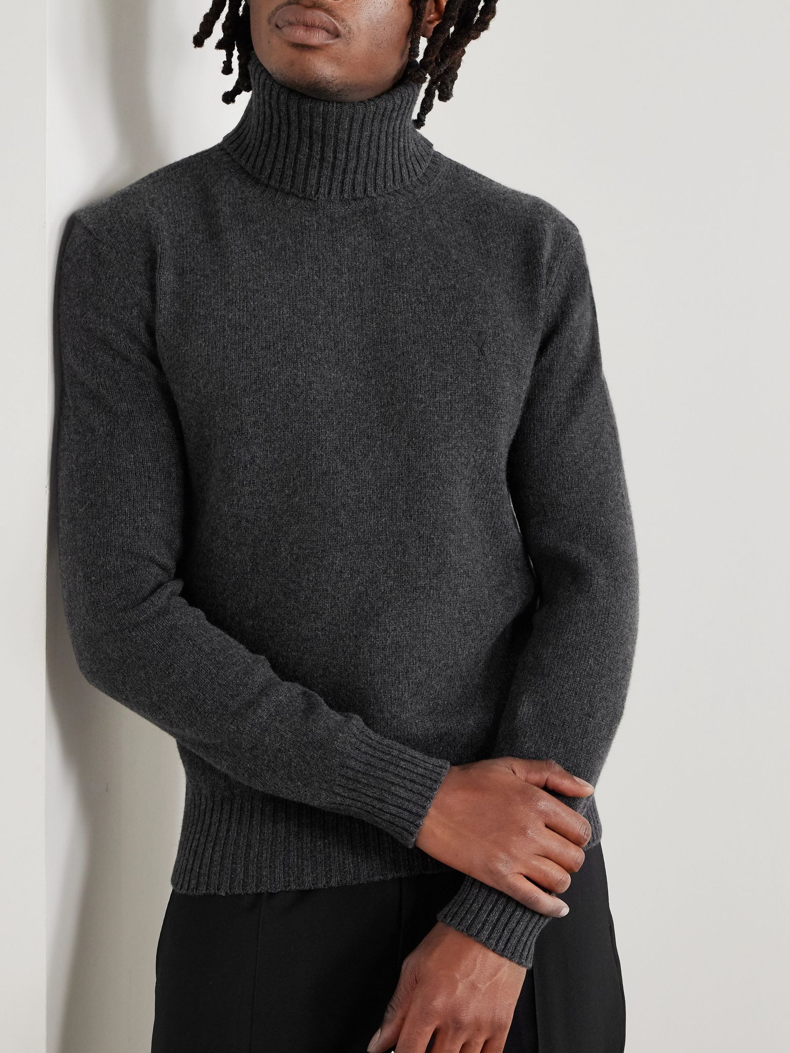Logo-Embroidered Cashmere and Wool-Blend Rollneck Sweater Charcoal - 3