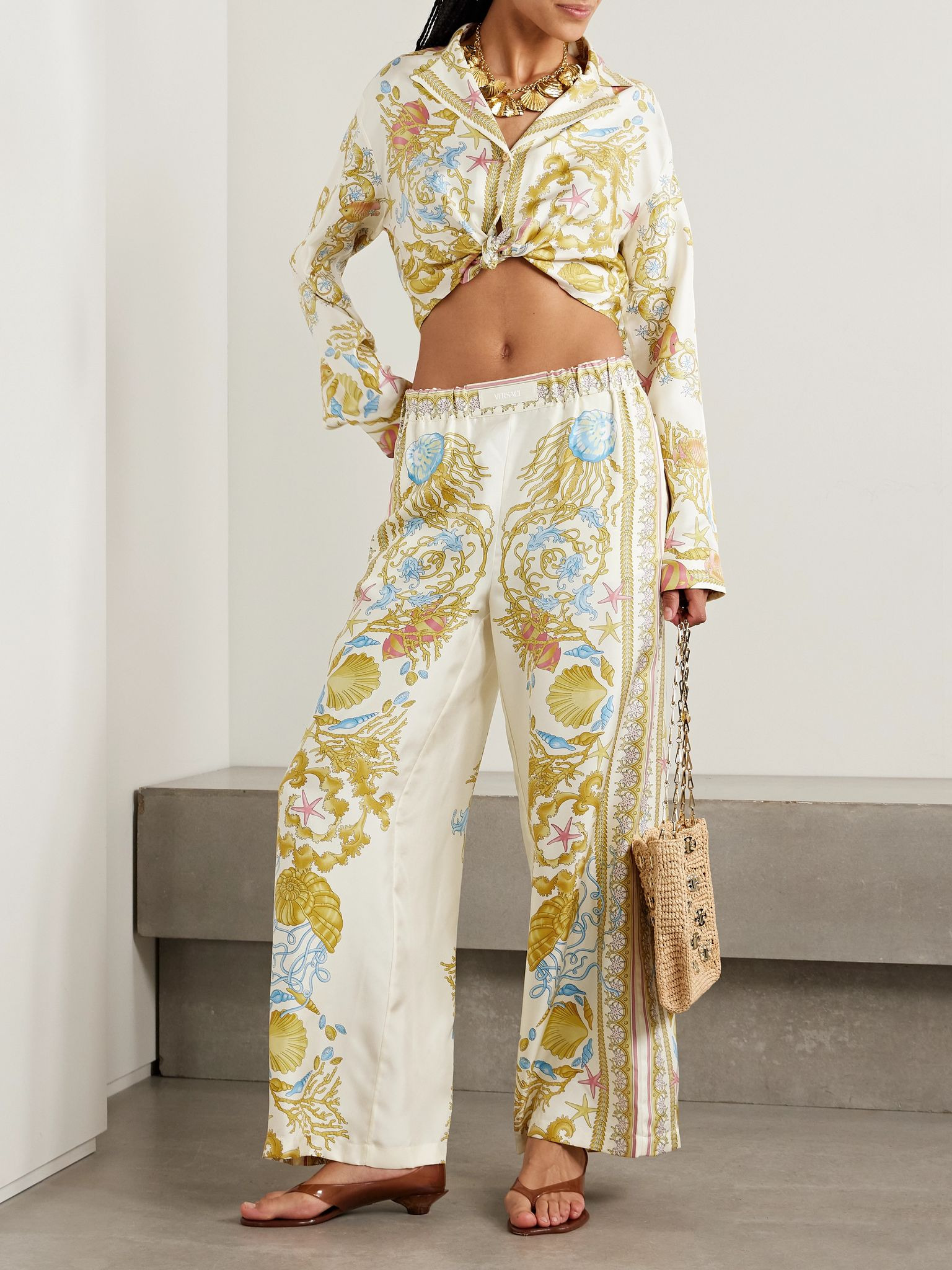 Printed silk-twill wide-leg pants Yellow - 2