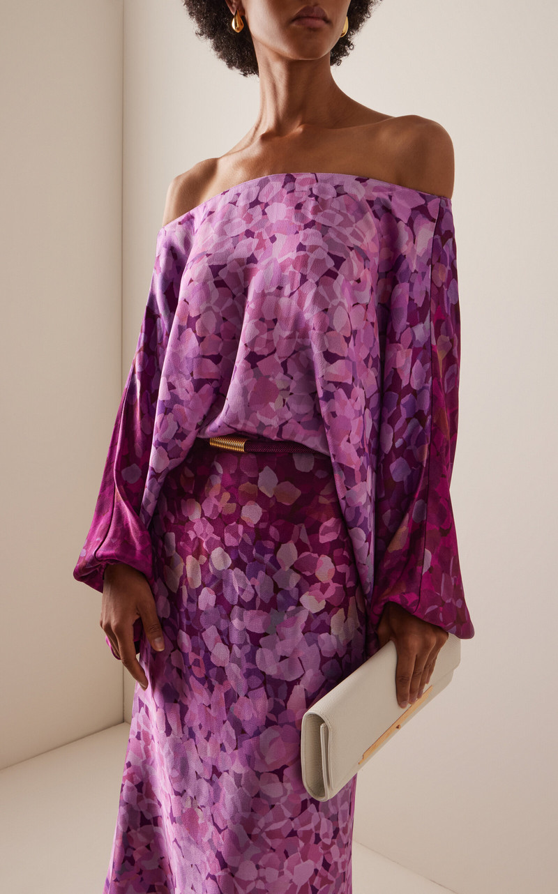 SILVIA TCHERASSI Lorella Belted Off-The-Shoulder Floral Crepe Maxi Dress purple outlook
