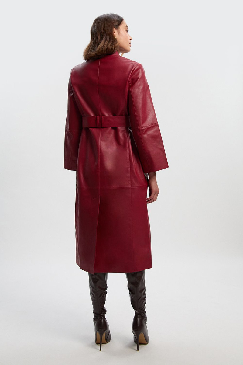 Leather Collared Belted Trench Coat 5