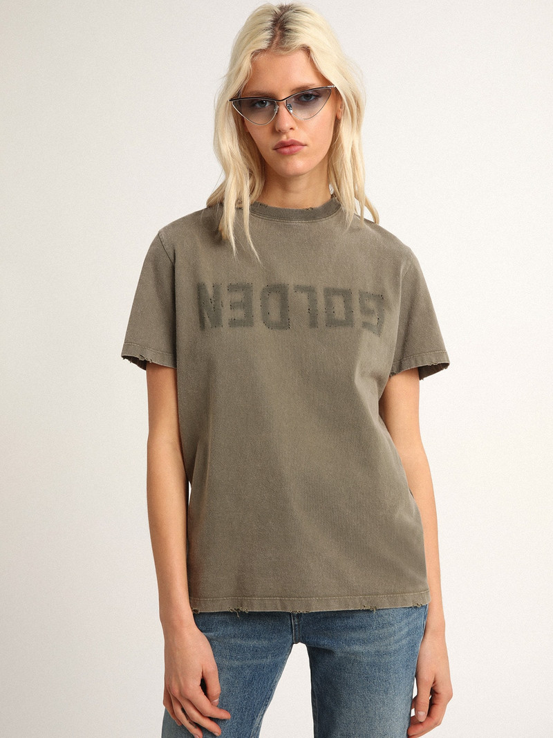 Golden Goose Olive-green regular-fit T-shirt with Golden lettering on the front outlook