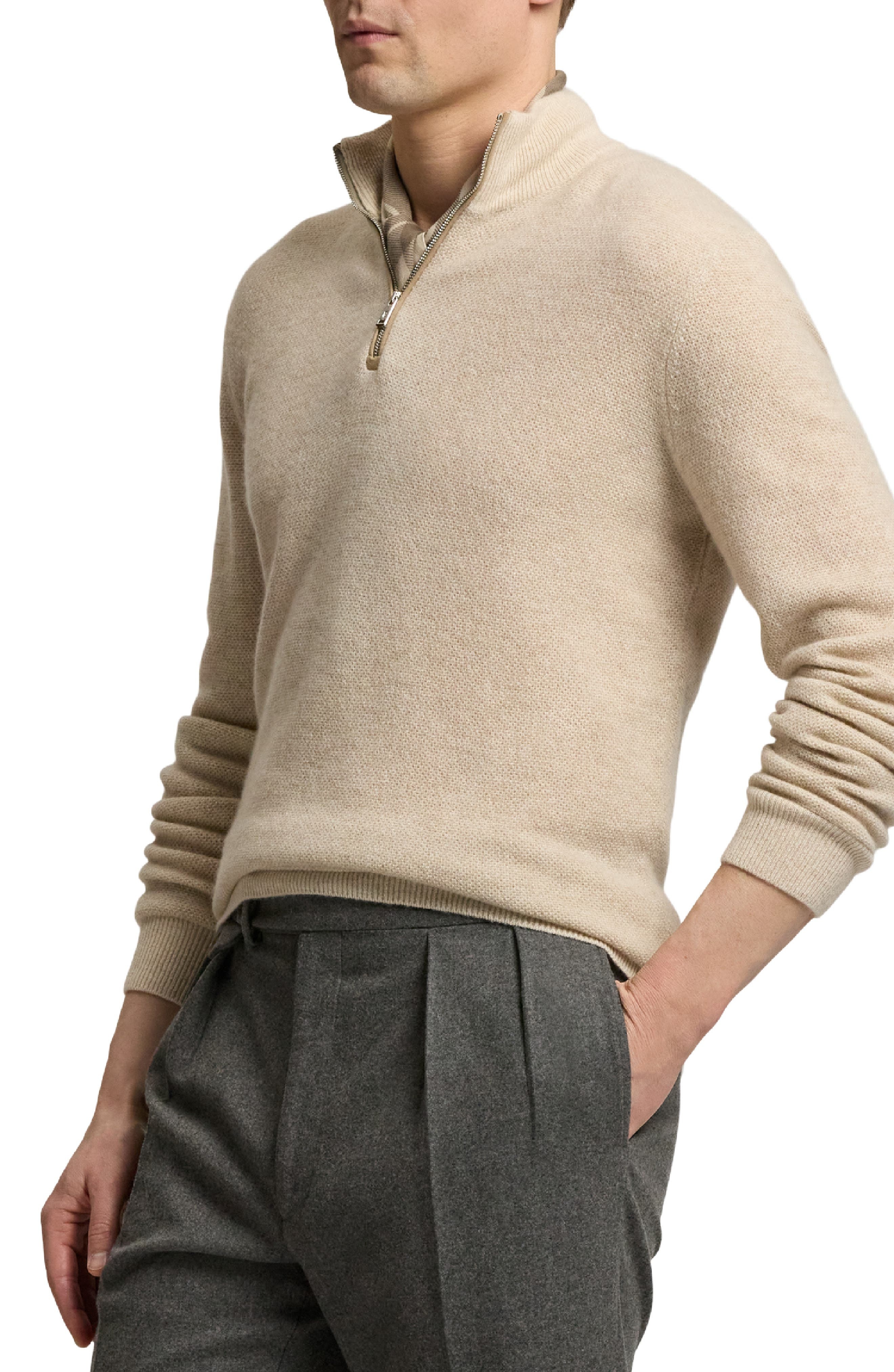 Ralph Lauren Purple Label Bird's Eye Cashmere Half Zip Sweater in Summer Sand Multi at Nordstrom - 3