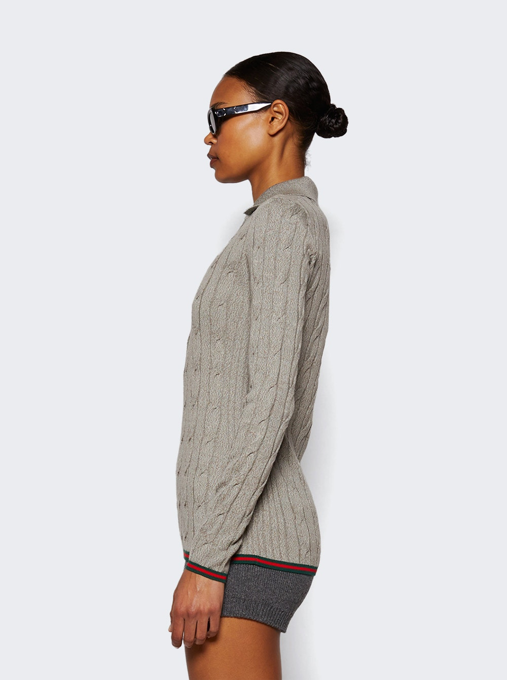Fine Cable And Rib Wool Polo Top Dove Grey - 4