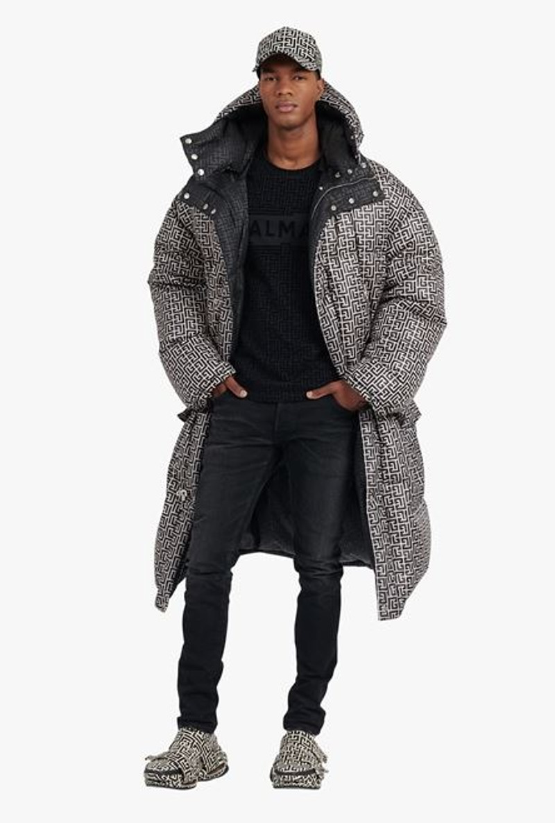 Balmain Long ivory and black nylon reversible quilted coat with Balmain monogram outlook