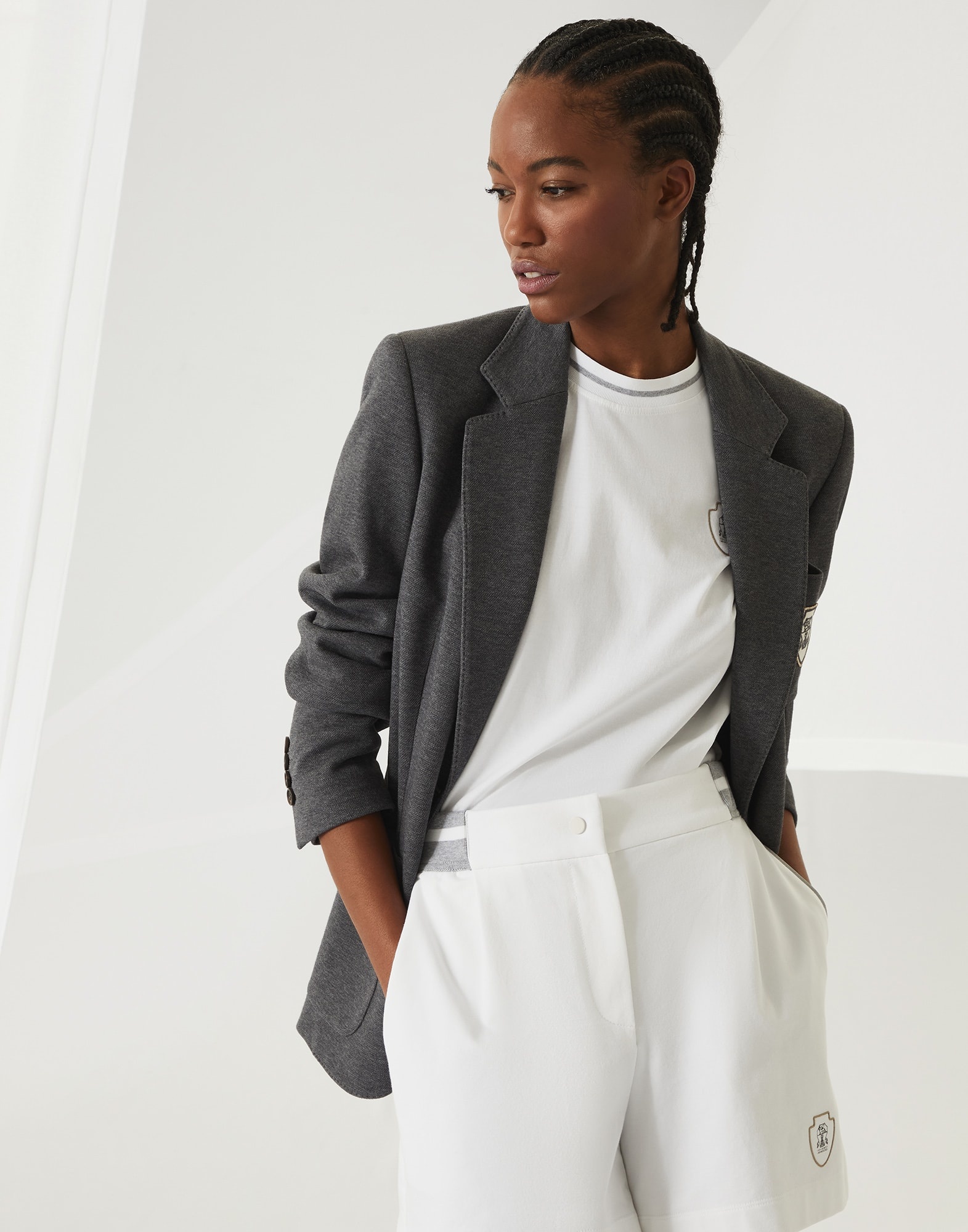 Techno cotton piqué blazer with logo and monili - 4