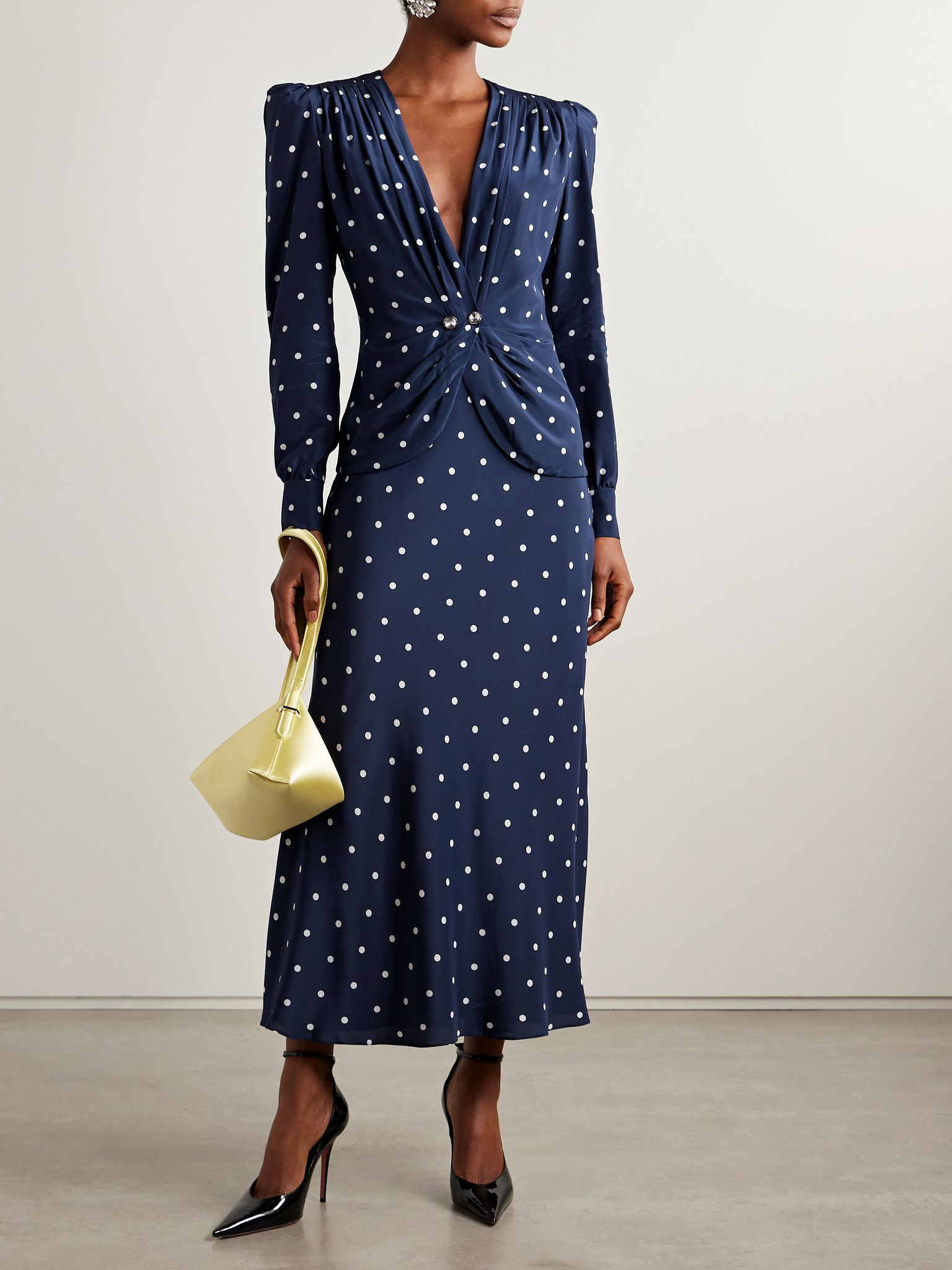 Embellished pleated polka-dot silk crepe de chine midi dress Navy - 2