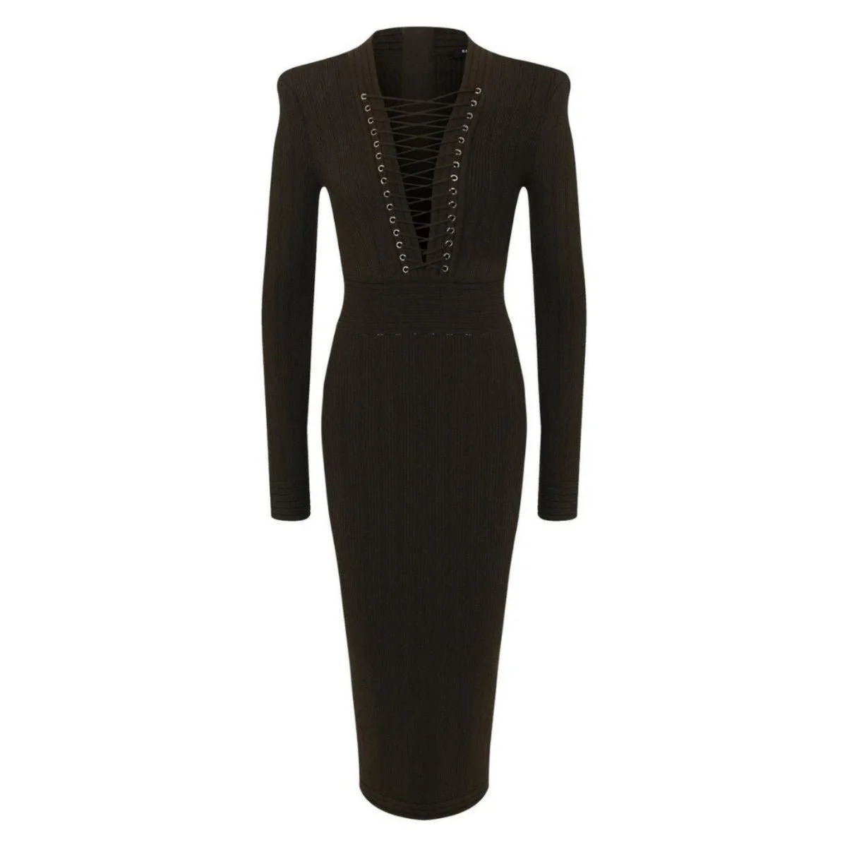 Lace-up Long Sleeve Midi Sweater Dress - 1