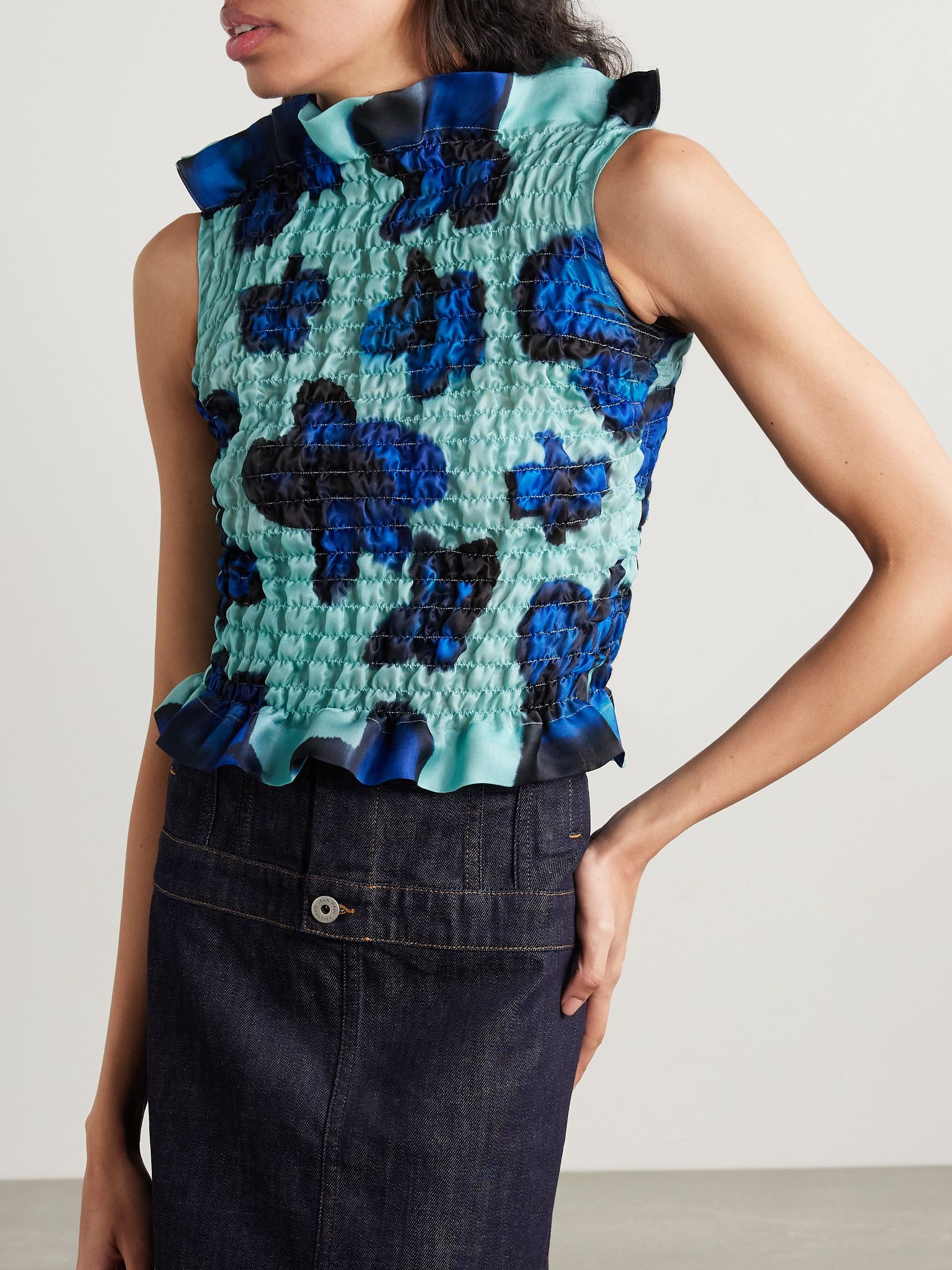 Ruffled shirred floral-print silk-satin top Teal - 3