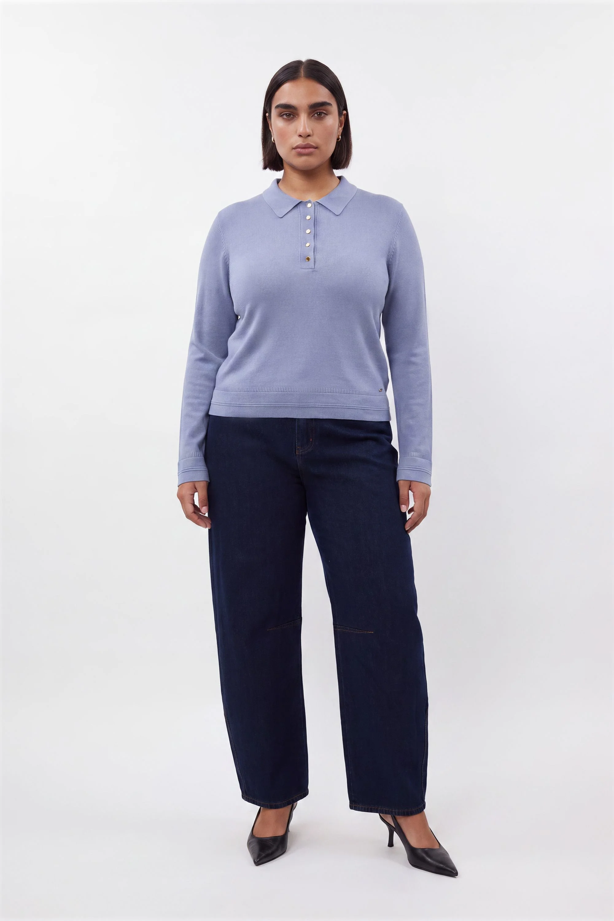 Plus Size Forever Viscose Blend Knitted Collared Long Sleeve Polo Top - 1