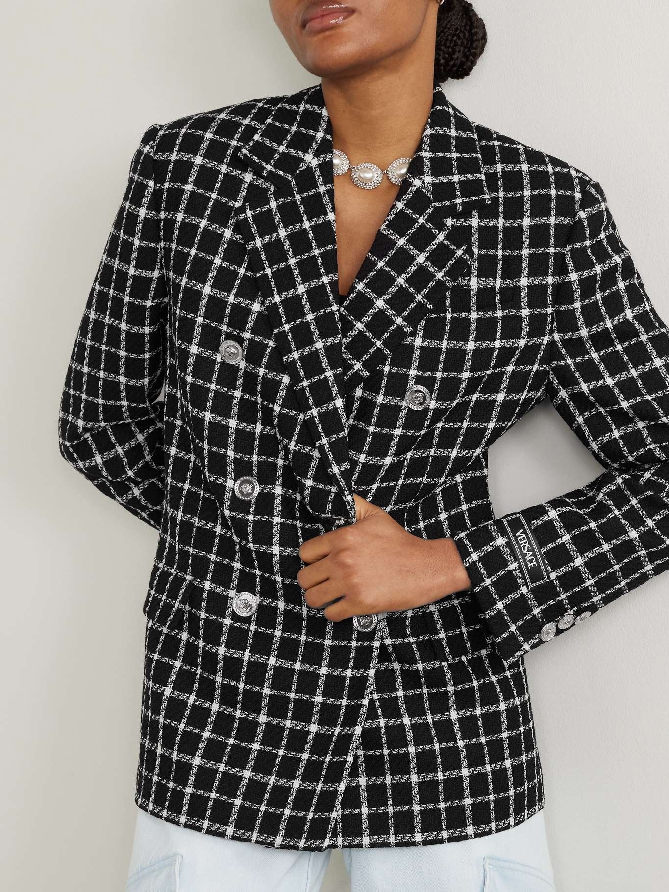 VERSACE Double-breasted checked wool-blend tweed blazer