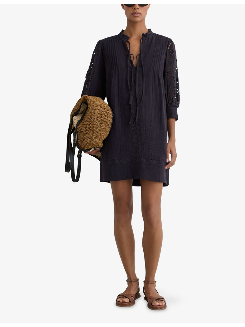 REISS Gia Cheesecloth Tie-Neck Cotton Mini Dress outlook