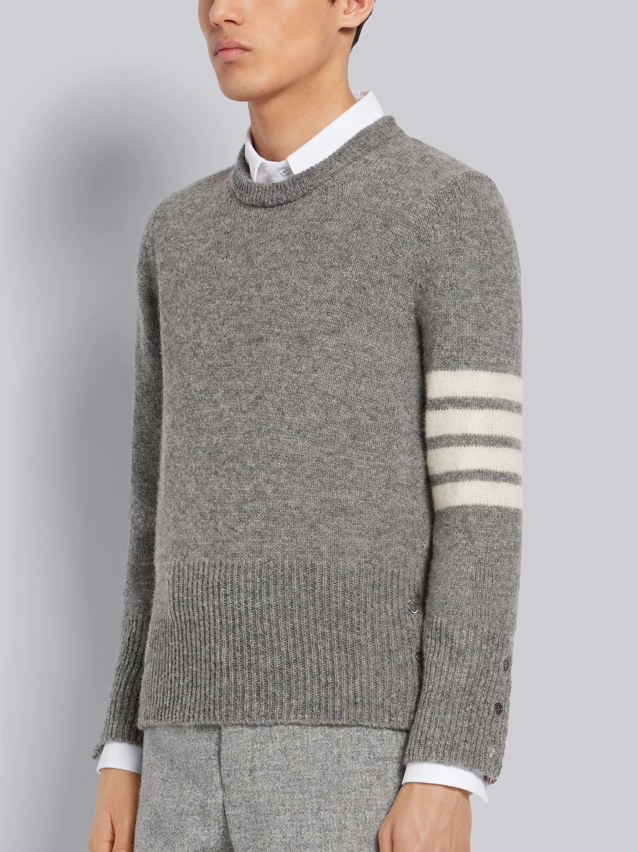 Light Grey Shetland Wool Jersey 4-Bar Classic Crew Neck Pullover - 2