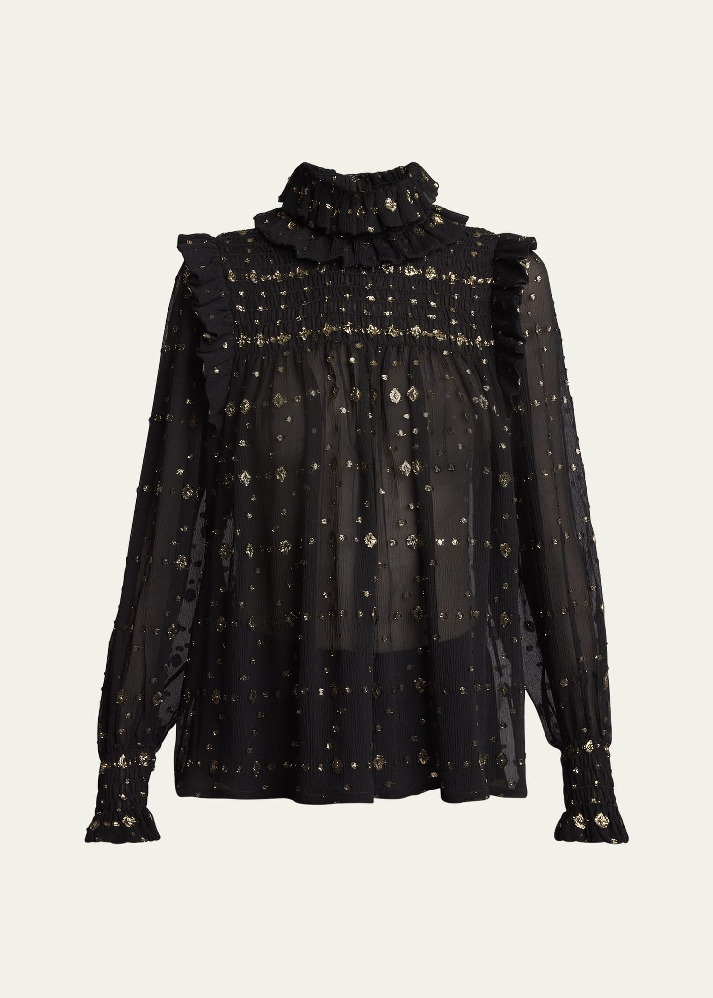 Smocked Sheer High Neck Embroidered Blouse - 1