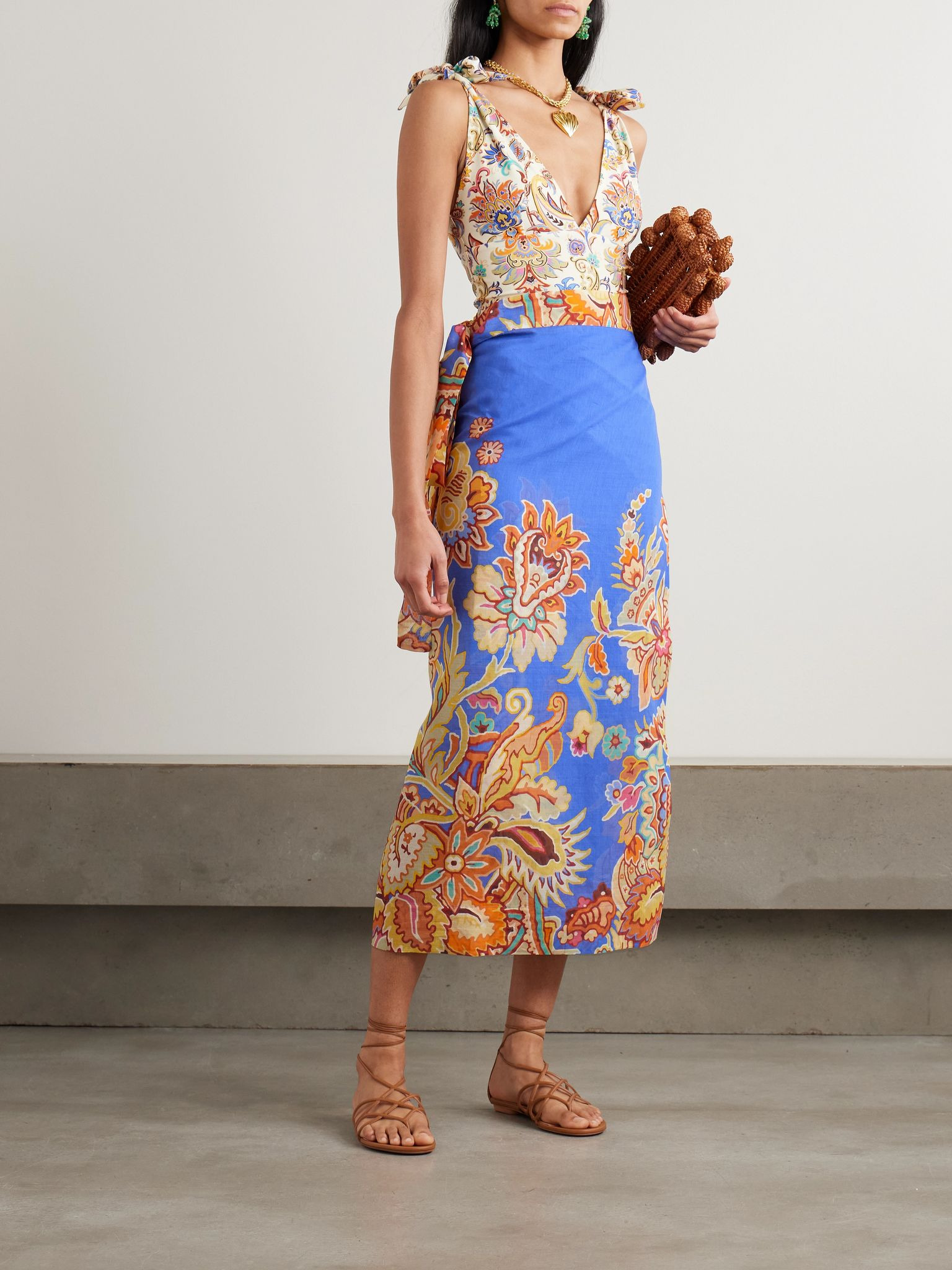 Printed cotton and silk-blend voile pareo Blue - 2