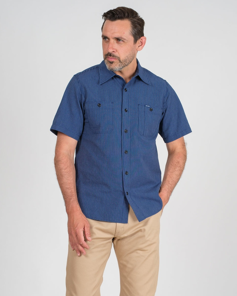 Iron Heart 5OZ SELVEDGE OX CLOTH SHORT SLEEVED WORK SHIRT - PINSTRIPE outlook