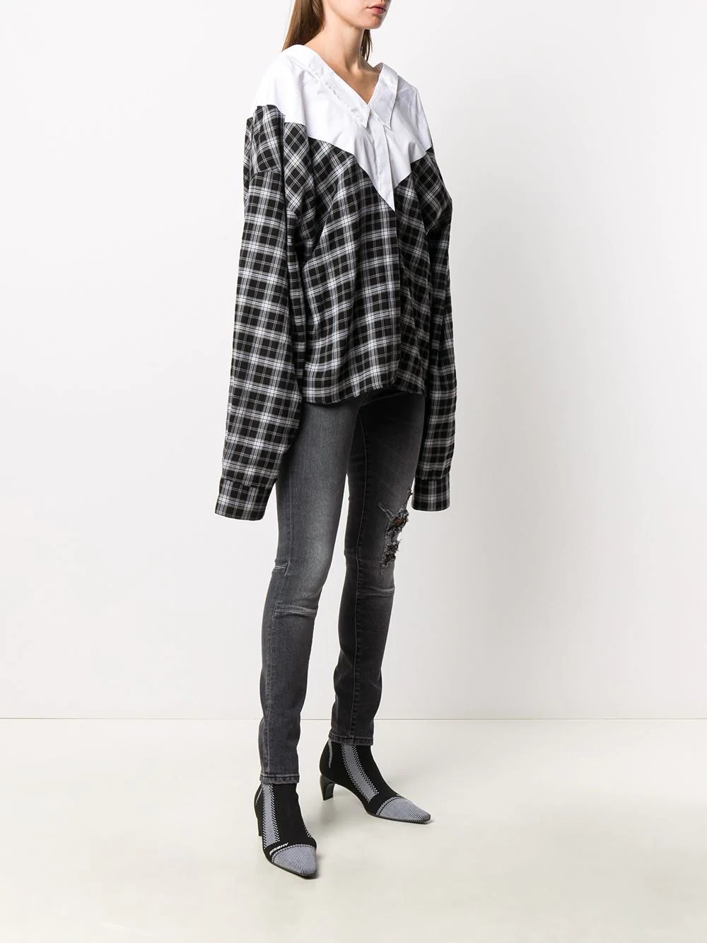 oversized v-neck check shirt - 4