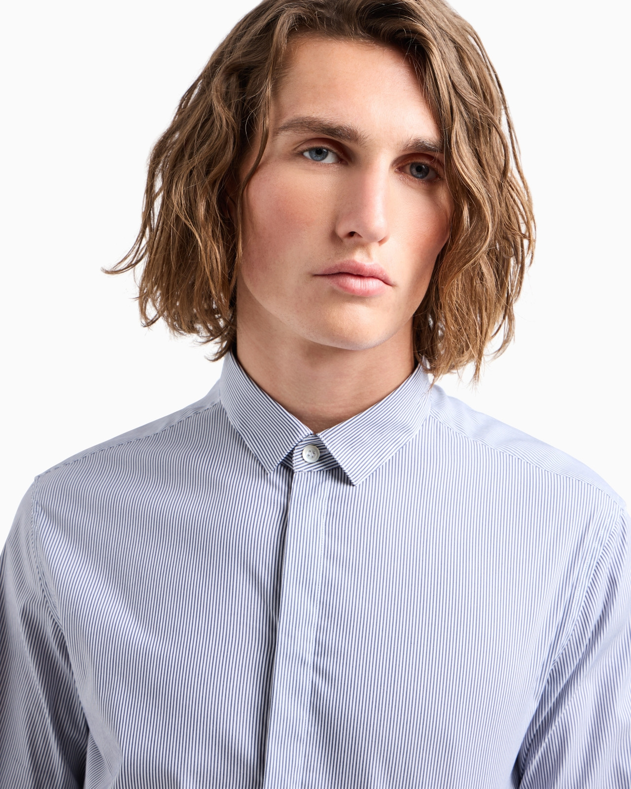 Shirt with a small Italian collar in stretch cotton with jacquard micro-stripes - 5