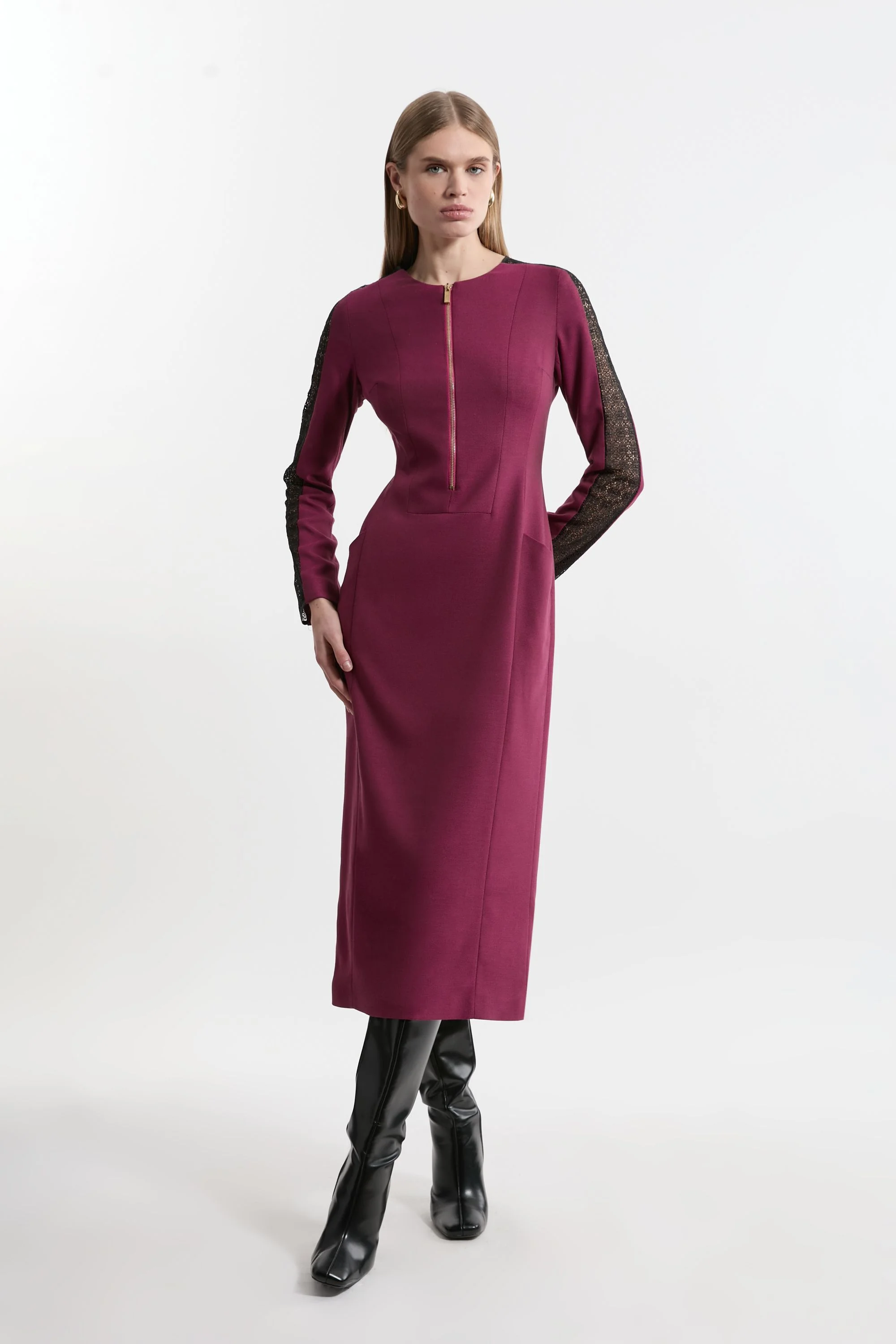 Petite Tailored Twill Lace Mix Zip Front Midi Dress - 1