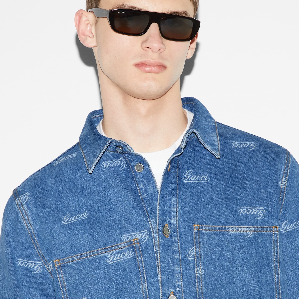 Denim shirt with lasered Gucci detail - 5