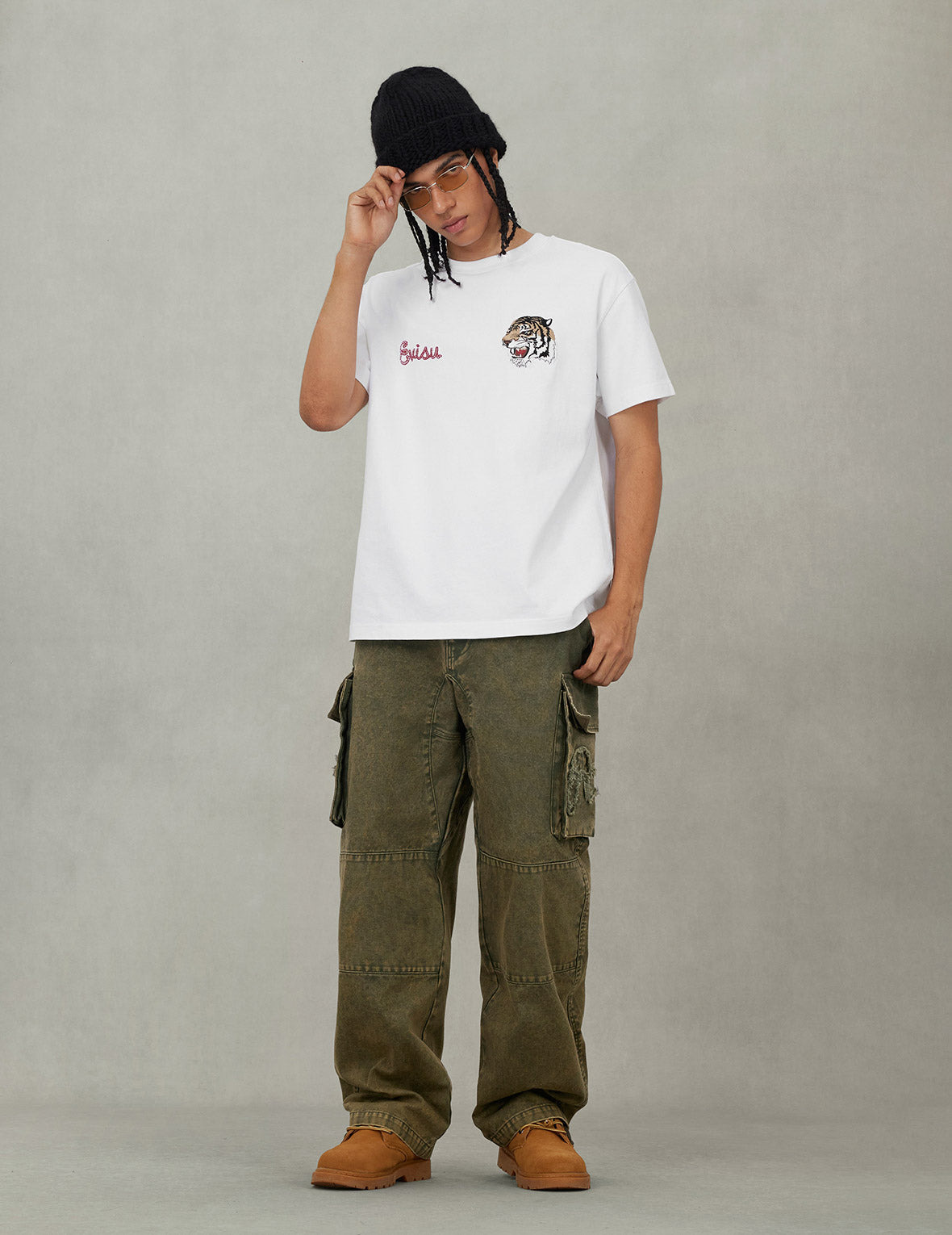 Distressed Seagull Appliqué Embroidery and Multi-Pocket Loose Fit Cargo Pants - 5