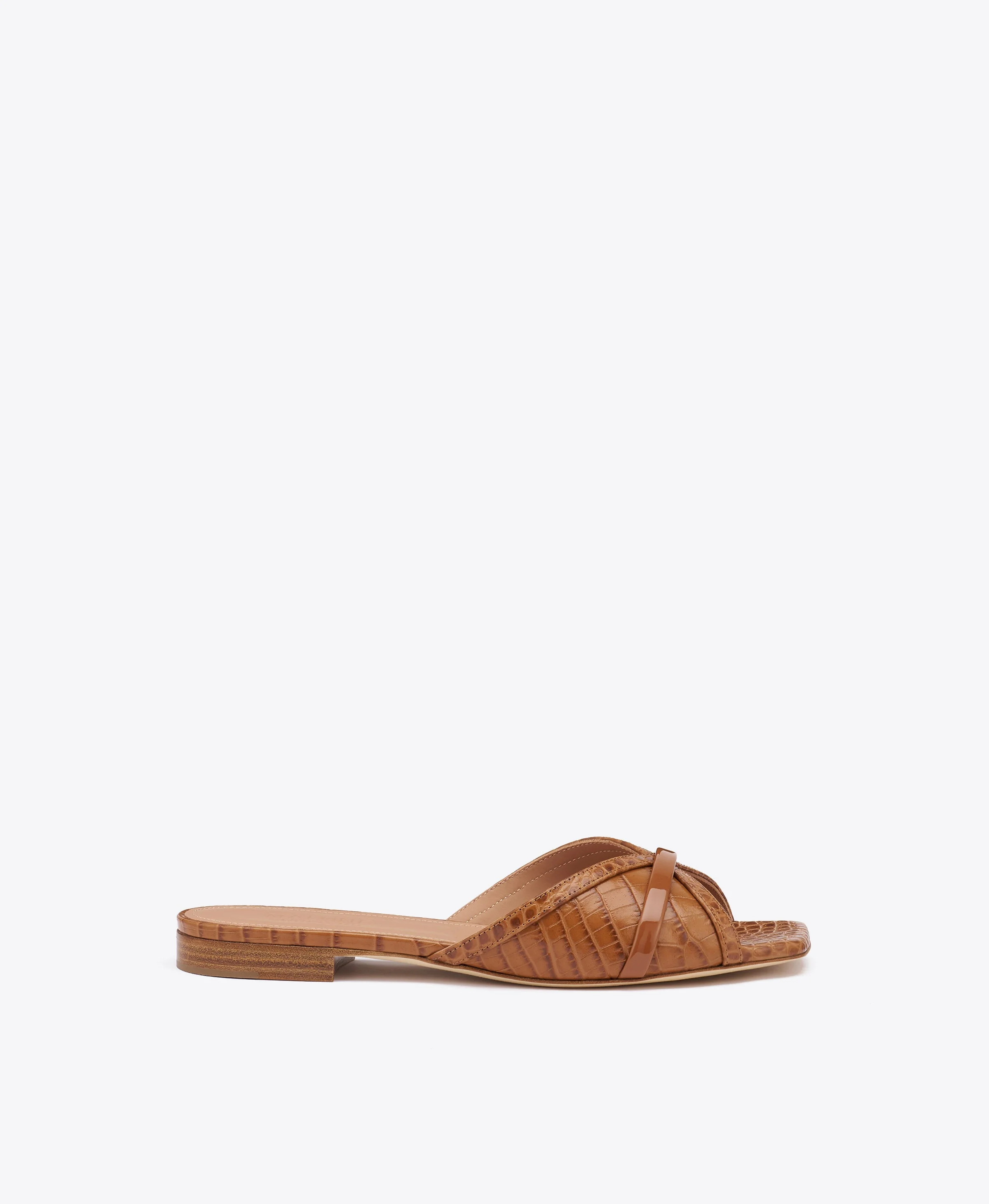 Perla Caramel Brown Croc-Embossed Leather Flat Sandals - 1