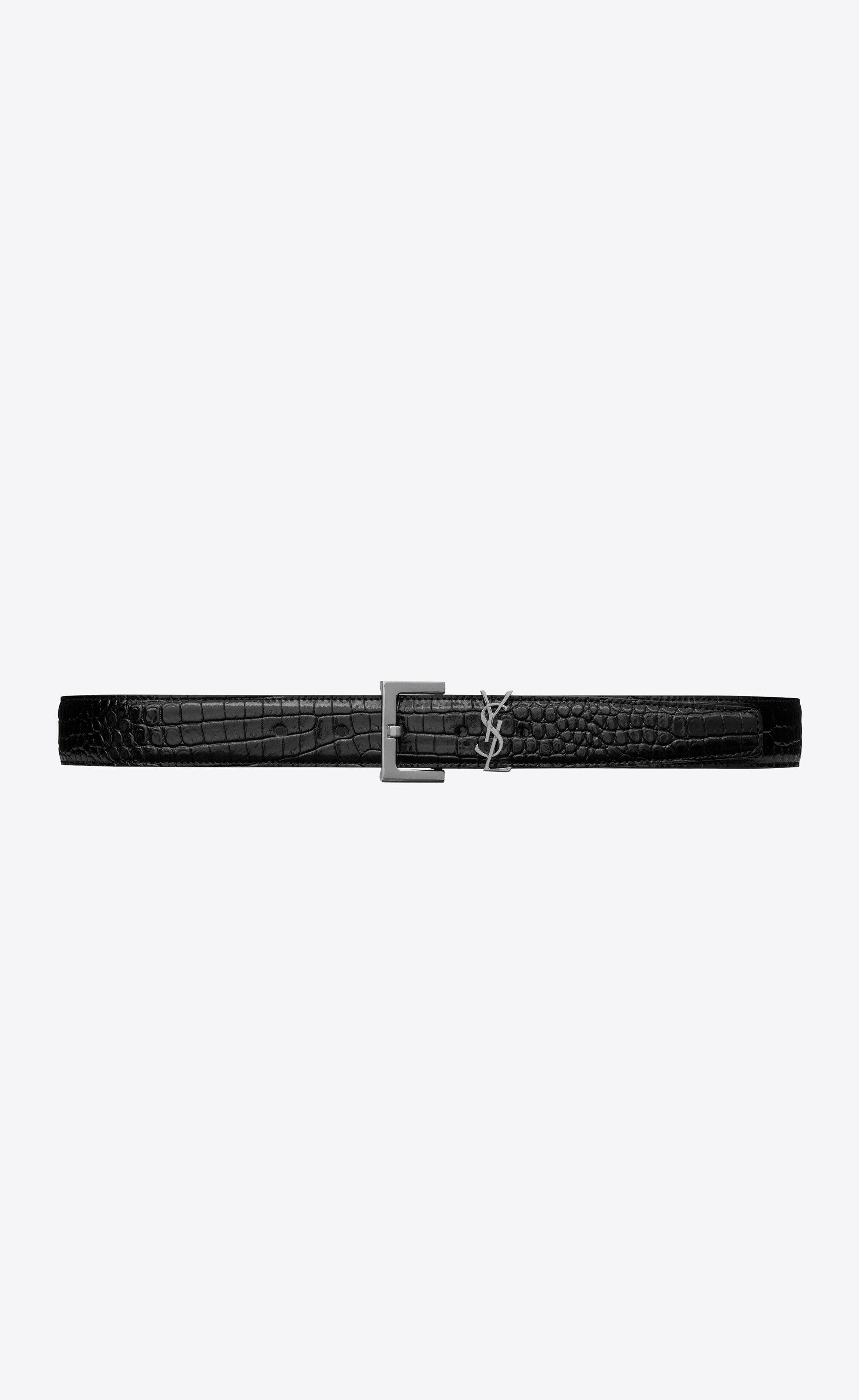 monogramme belt with square buckle in shiny crocodile embossed leather - 1