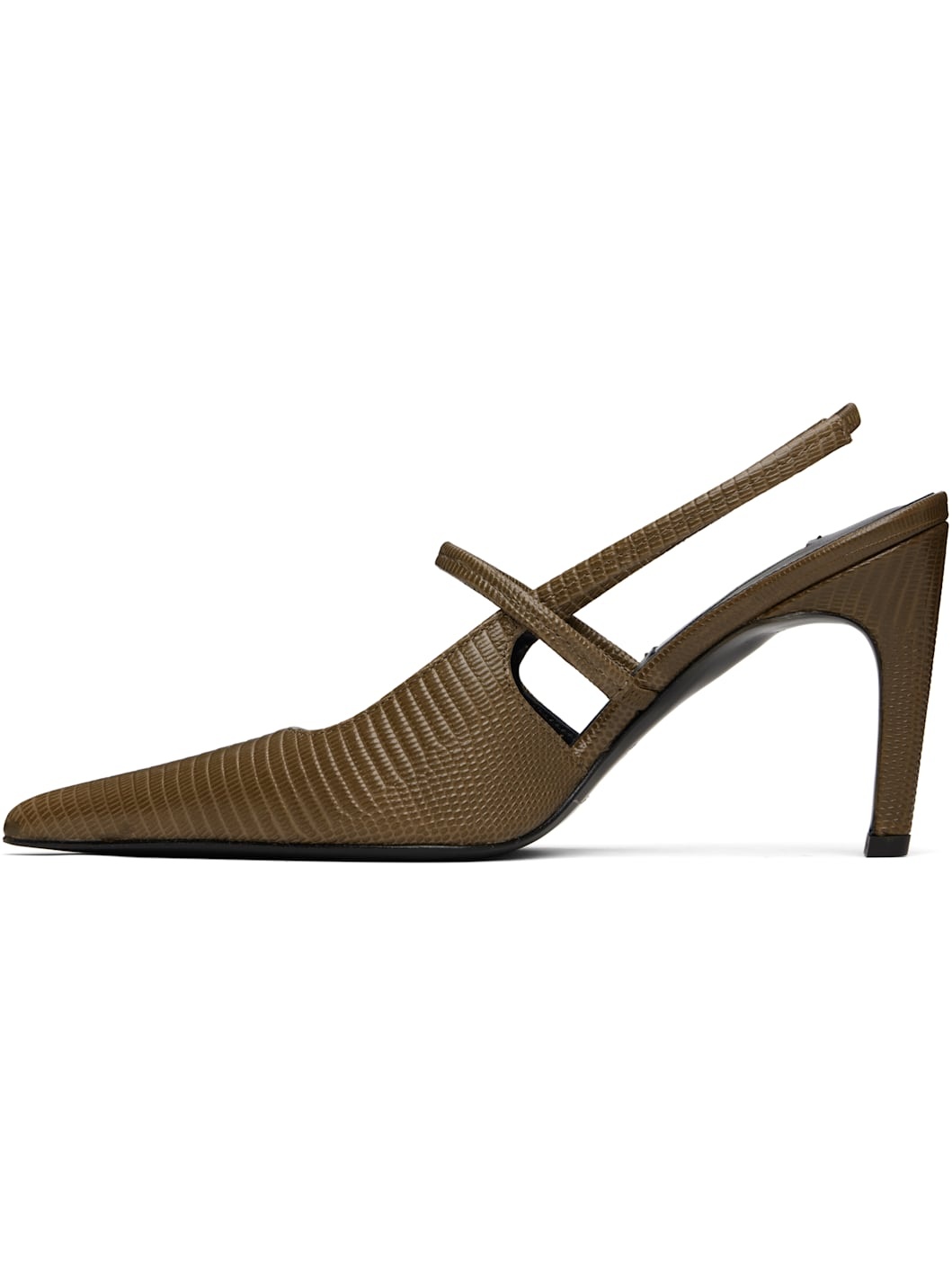 Khaki Lizard-Embossed Stiletto Slingback Heels - 3
