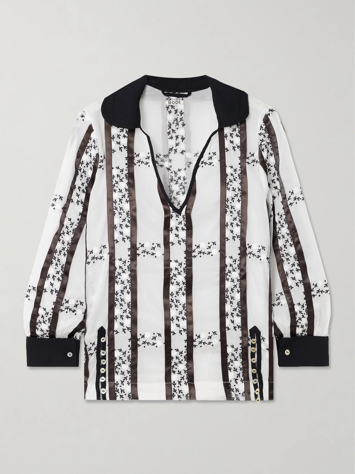 Lattice Sprig Embroidered Button-embellished Satin-trimmed Cotton Blouse - 1