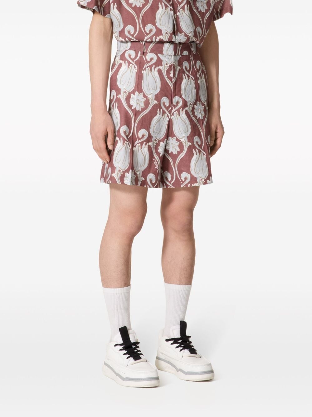 floral-print linen shorts - 3