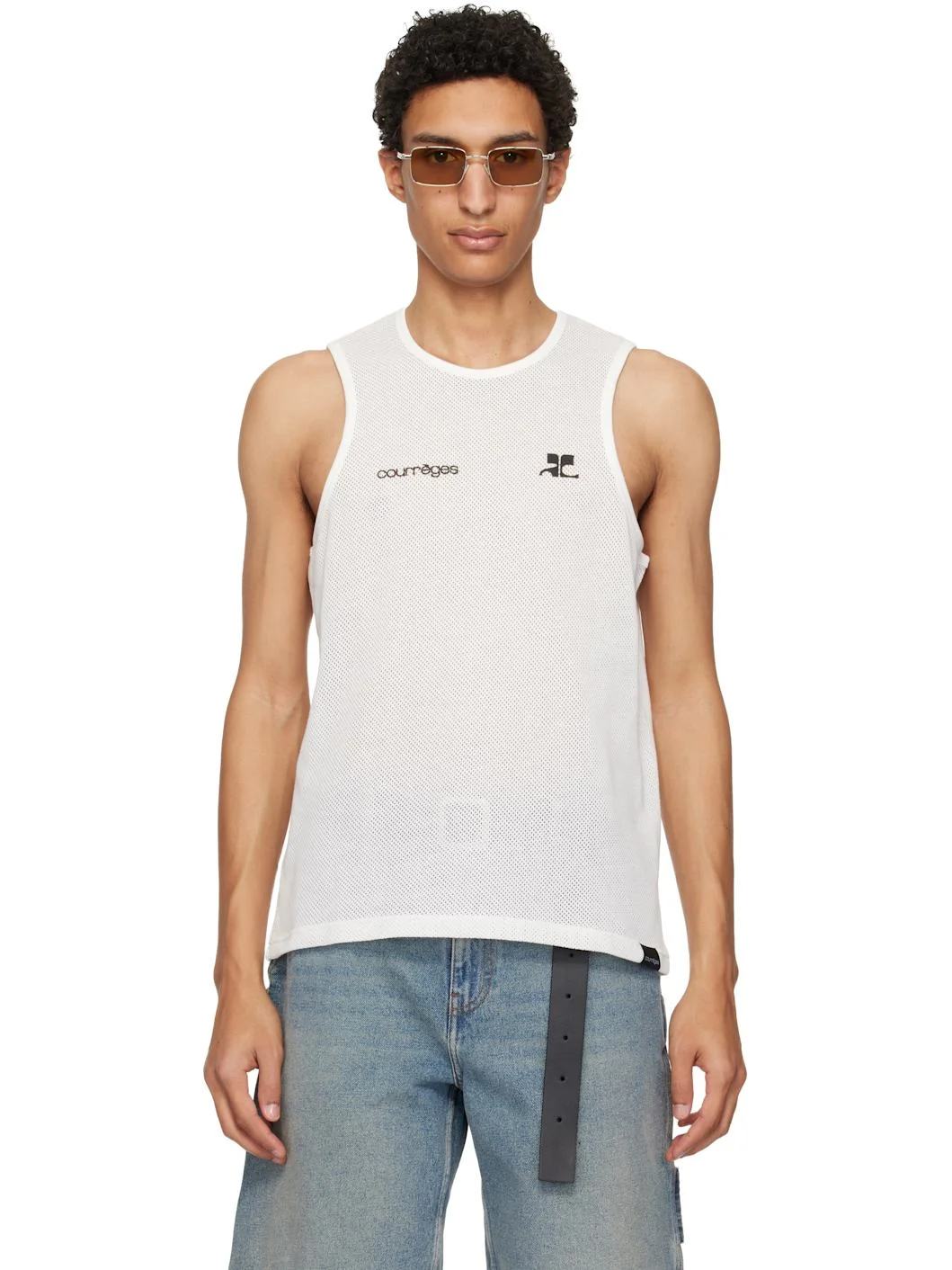 White Printed Mesh Tank Top - 1