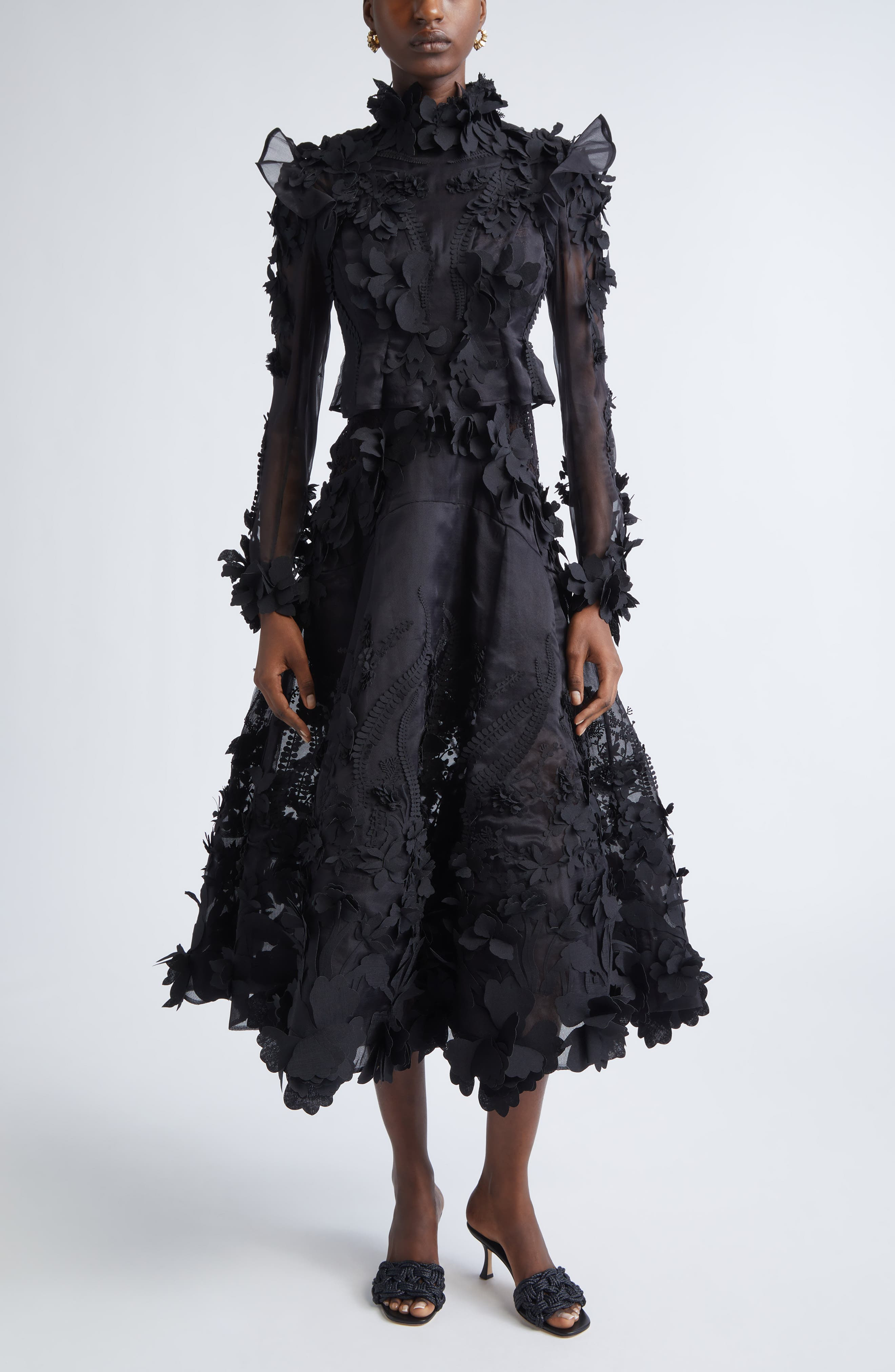 Zimmermann Hypnotic Appliqué Long Sleeve Silk Midi Dress in Black at Nordstrom - 1