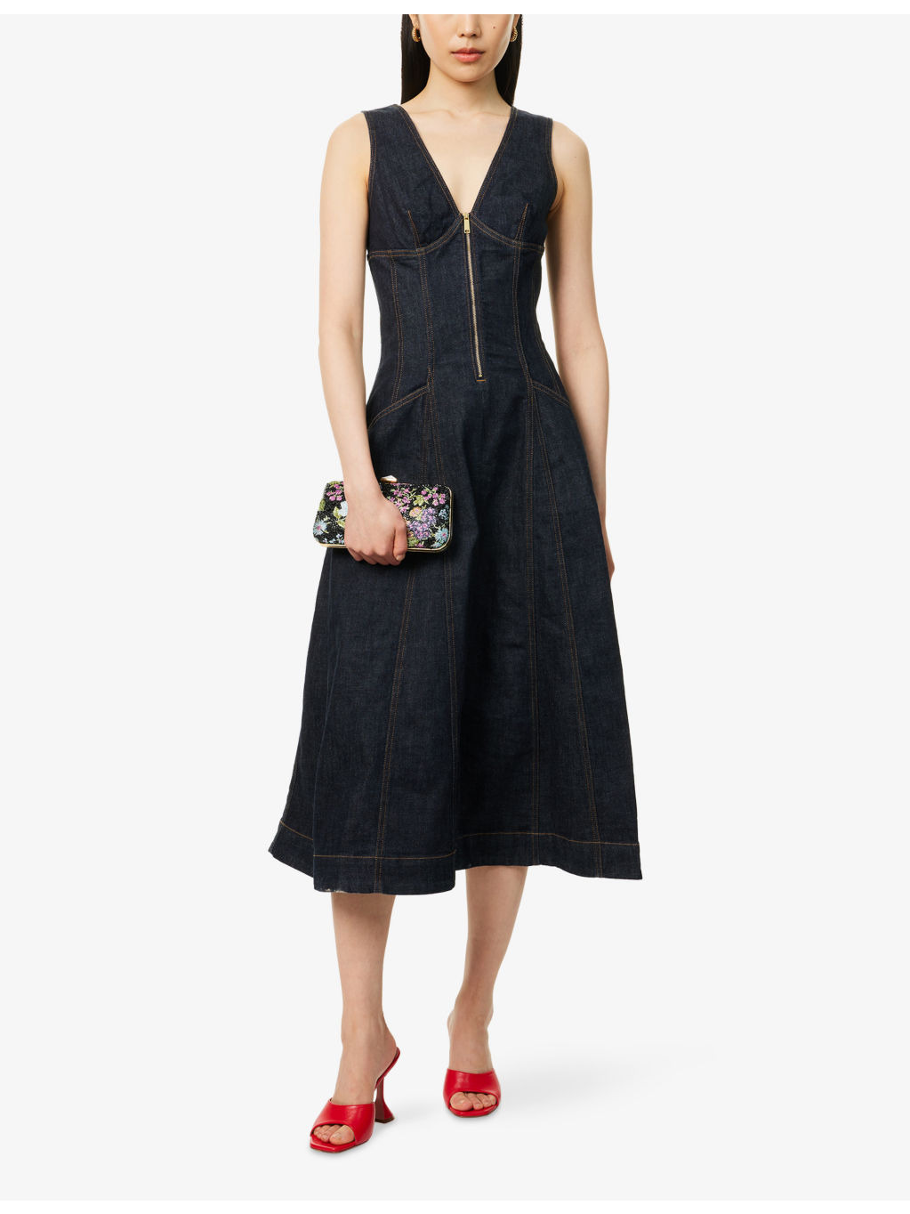 V-Neck Flared Stretch-Denim Blend Midi Dress - 2