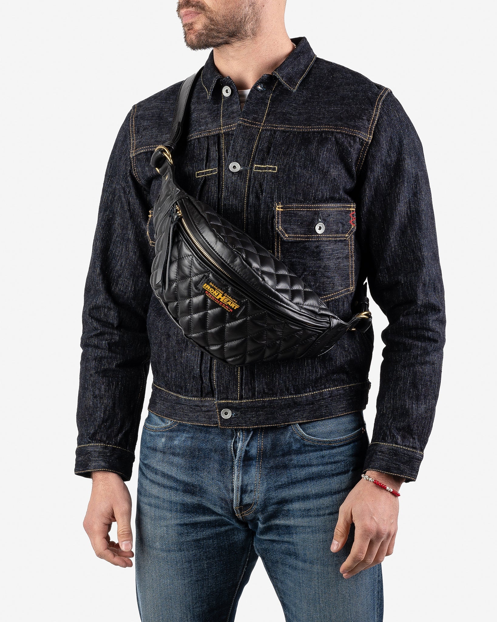 IHE-45-BLK Diamond Stitched Leather Waist Bag - Black - 3
