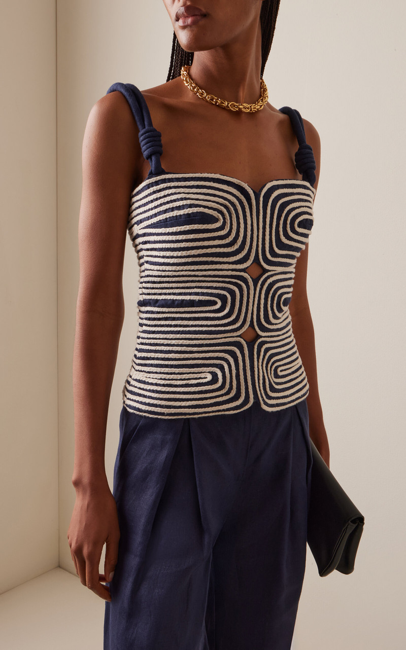 ANDRES OTALORA Marea Embroidered Linen Top navy outlook