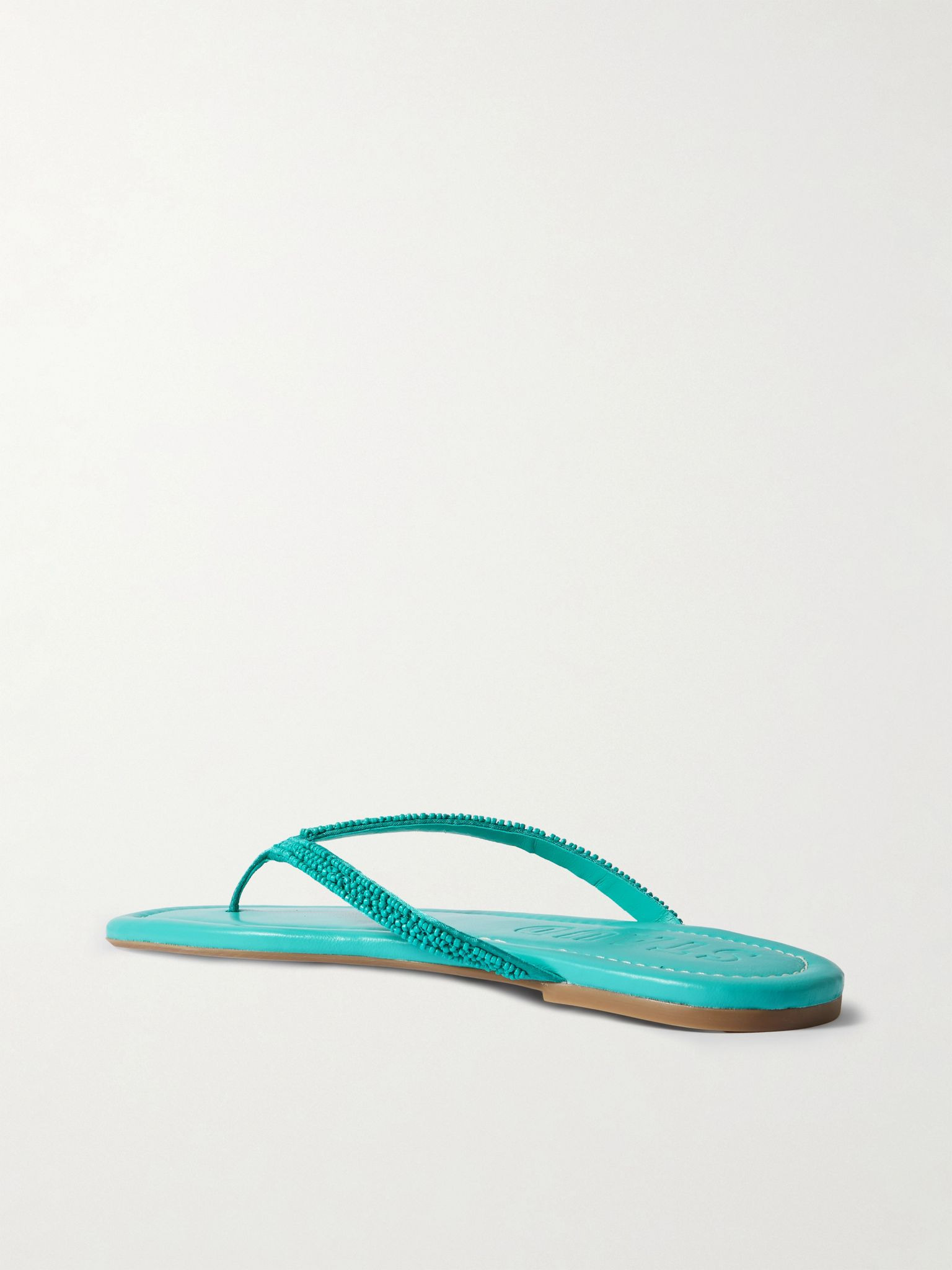 Freja beaded satin-trimmed leather flip flops Teal - 3